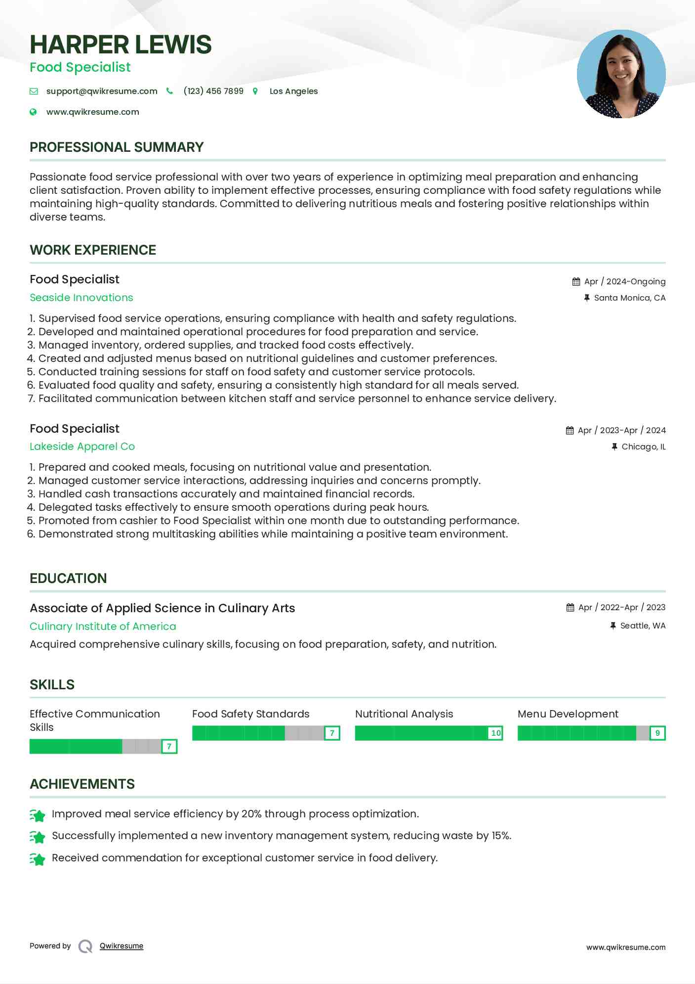 Food Specialist Resume Example