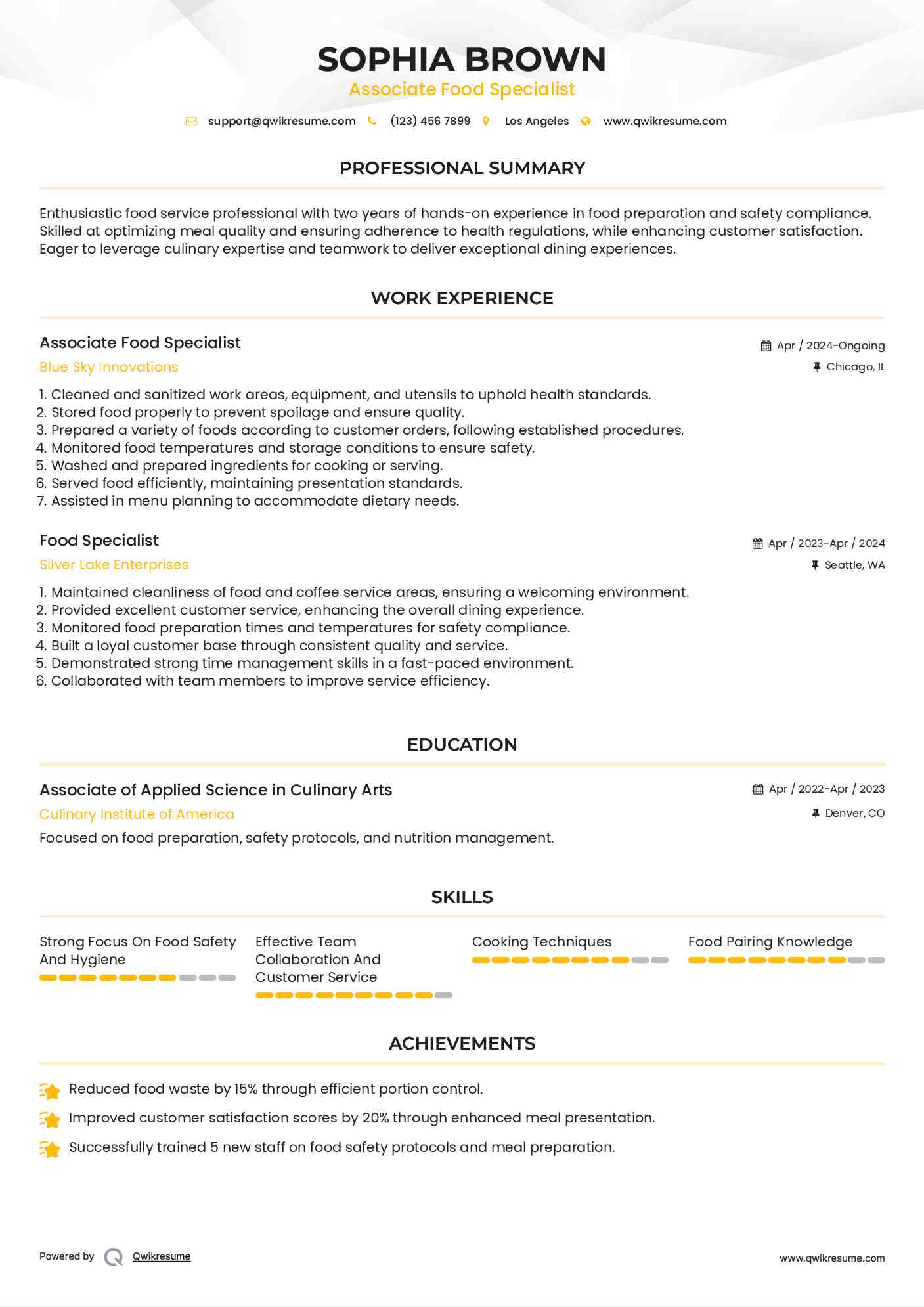 Associate Food Specialist  Resume Template