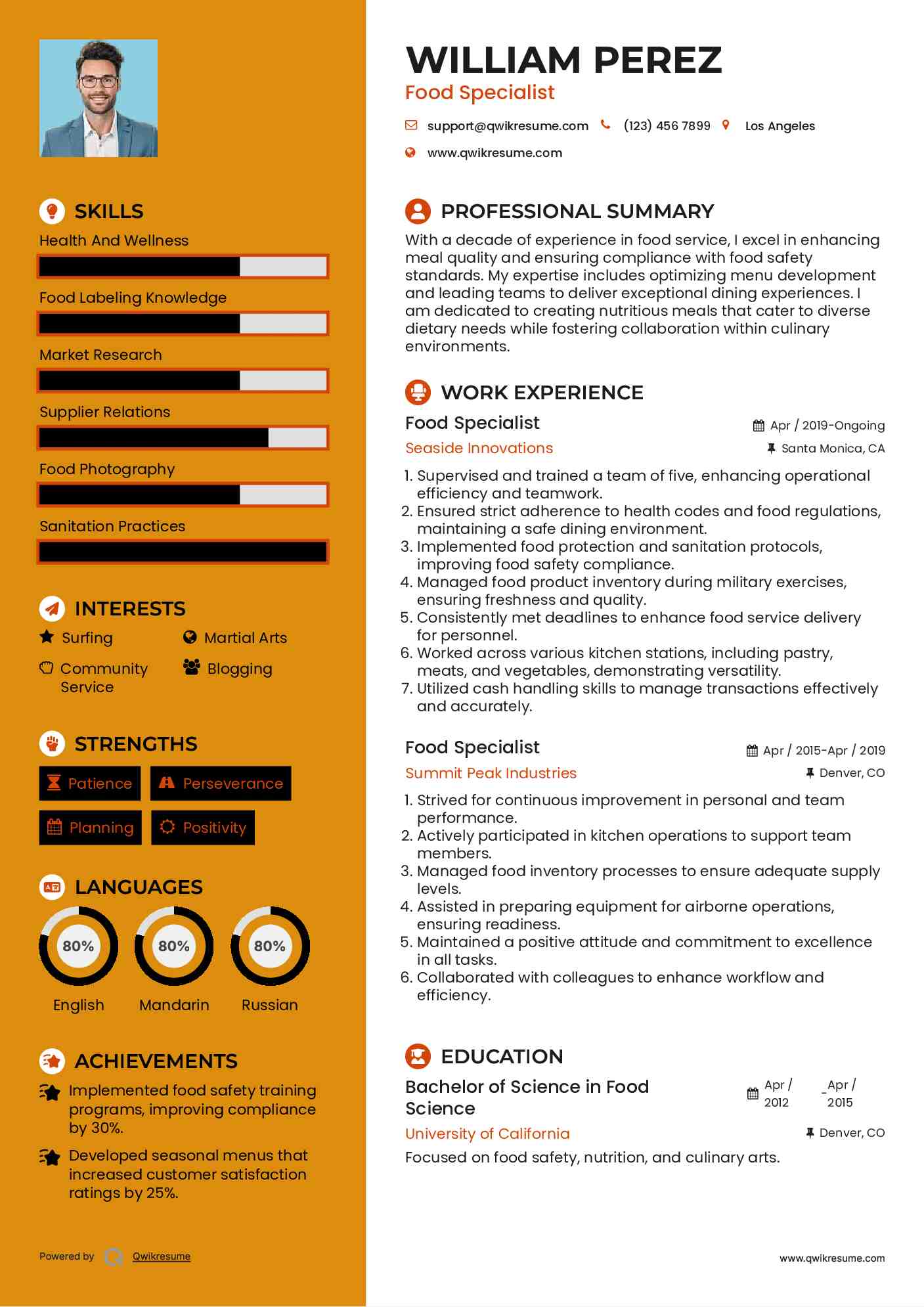 Food Specialist Resume Format