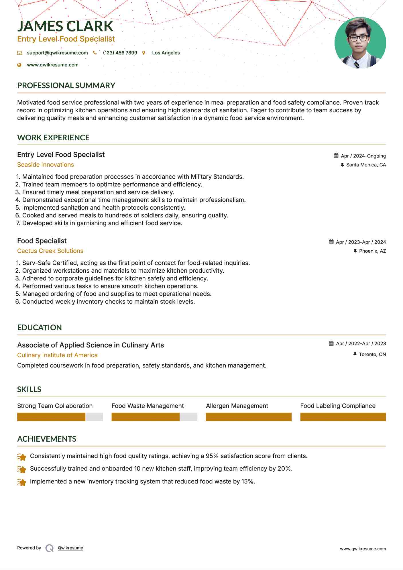 Entry Level Food Specialist Resume Format