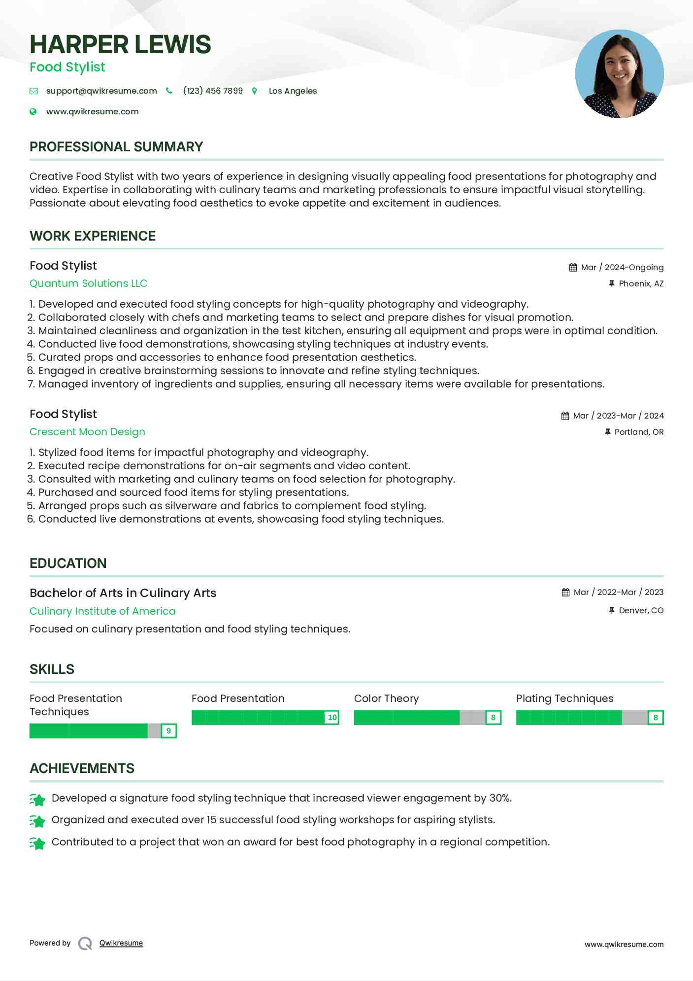 Food Stylist Resume Sample