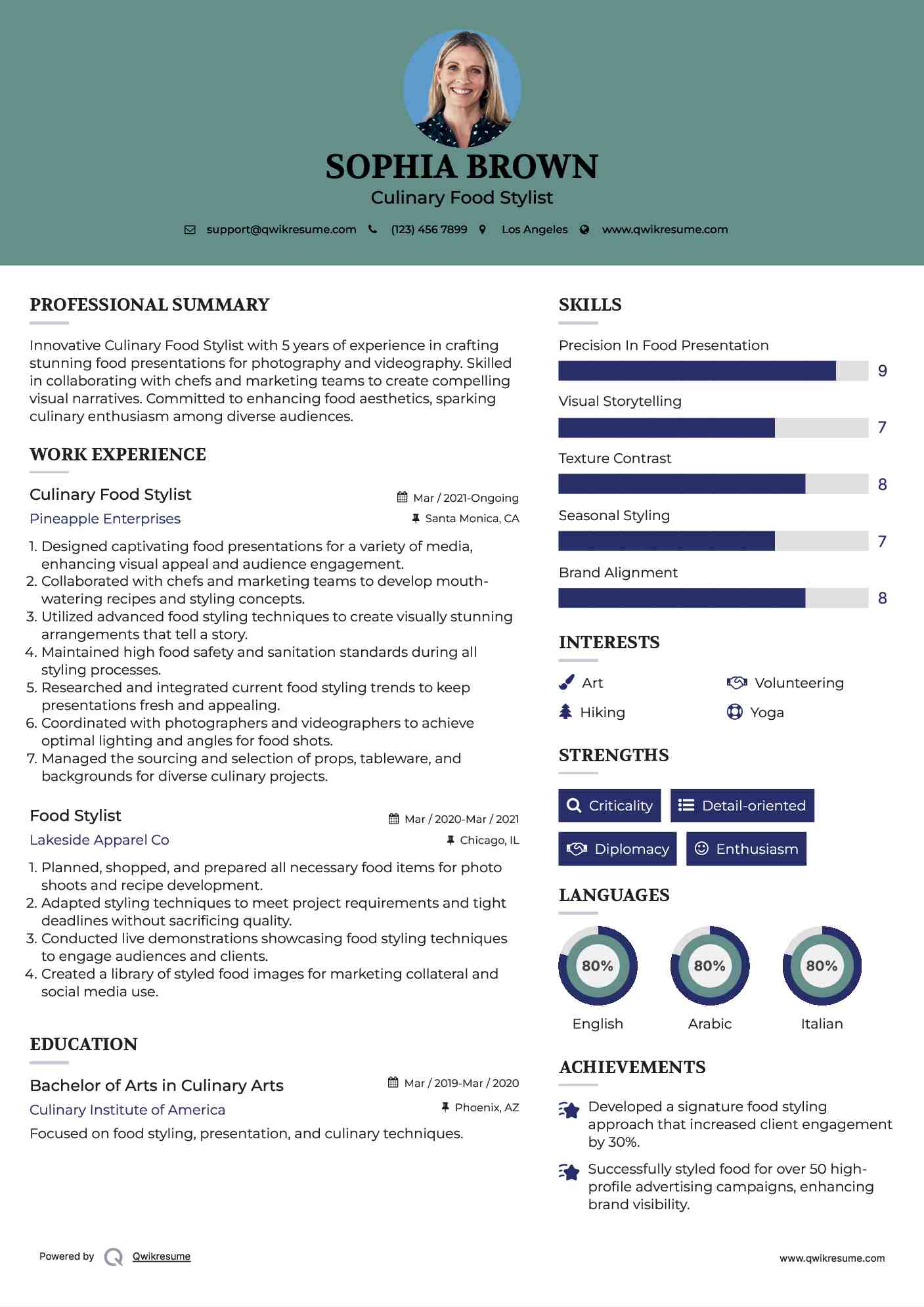 Culinary Food Stylist Resume Sample