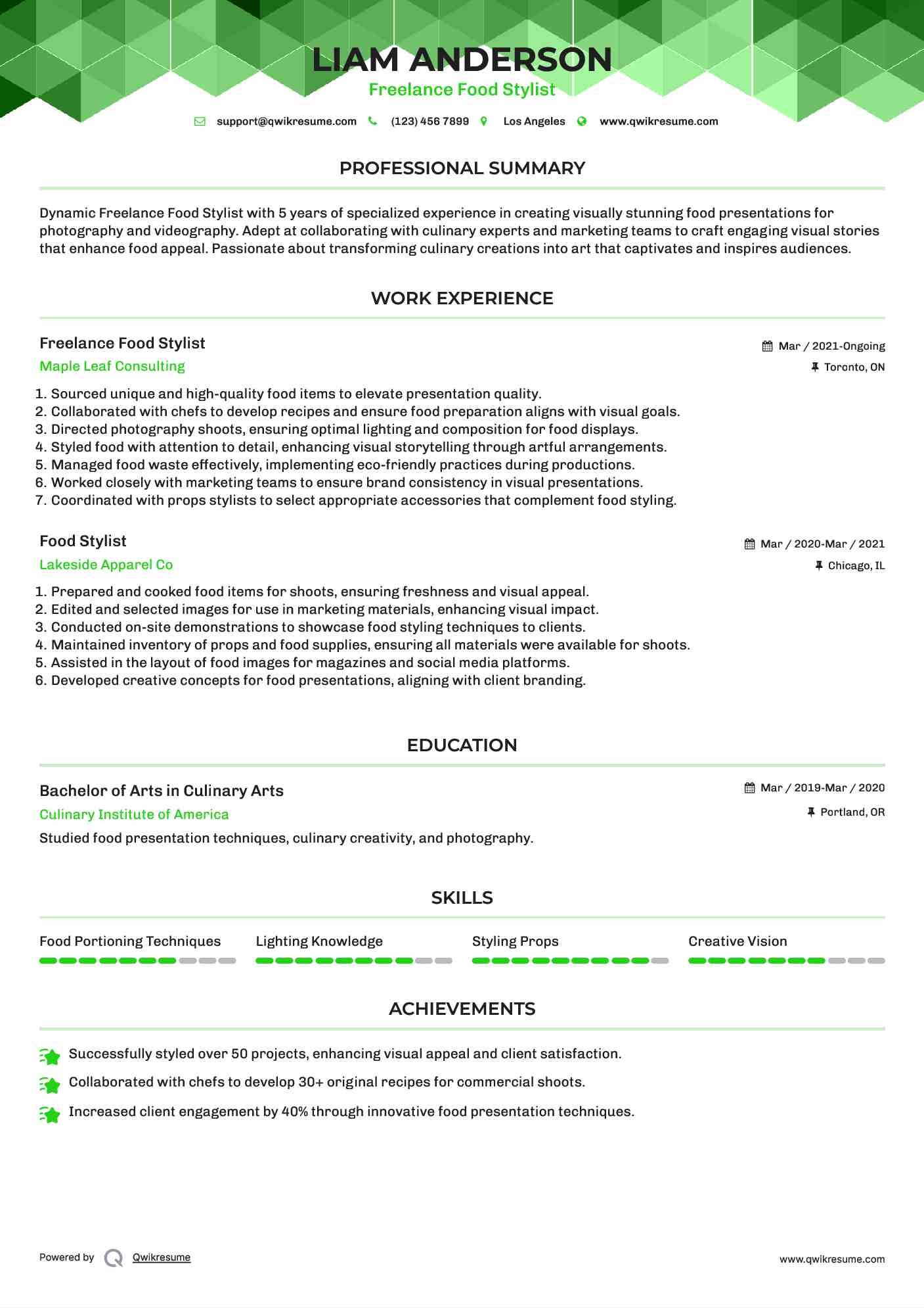 Freelance Food Stylist Resume Format