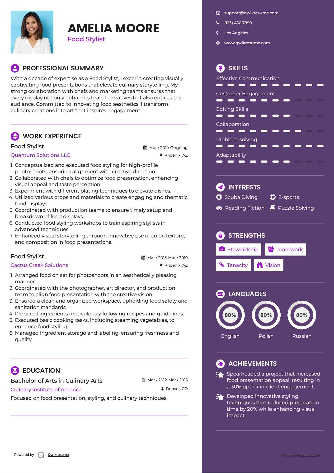 Food Stylist Resume Sample