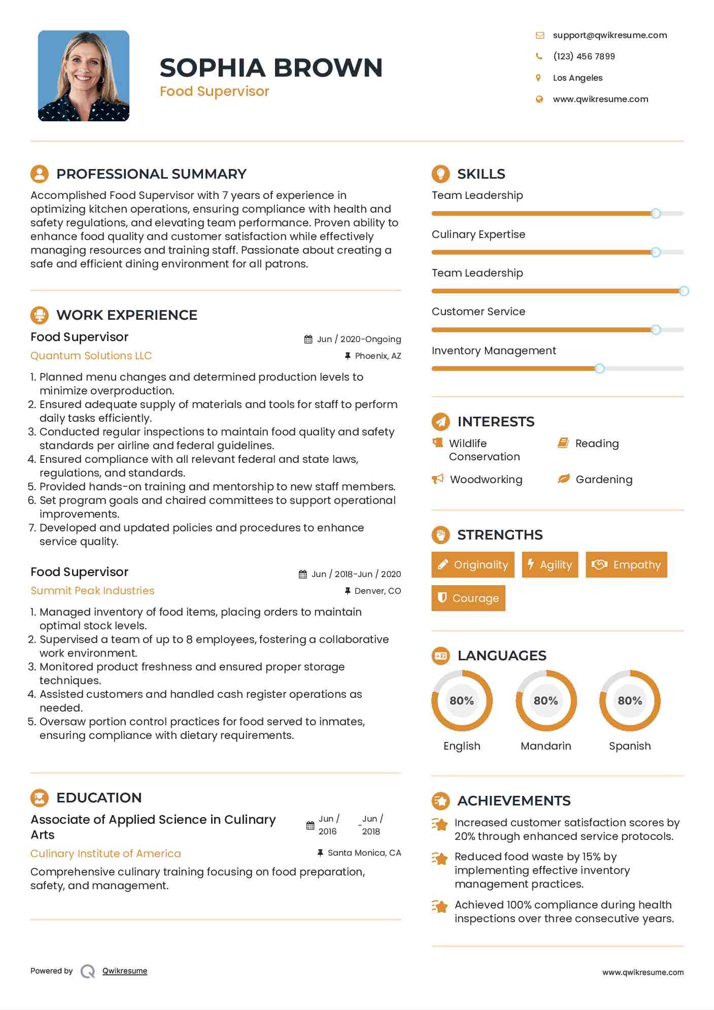 Food Supervisor Resume Format