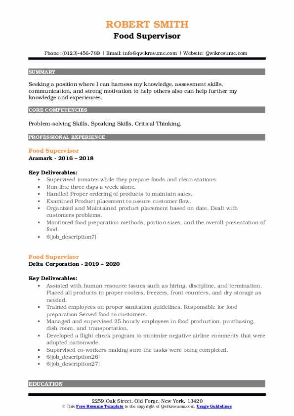 Food Supervisor Resume Samples QwikResume
