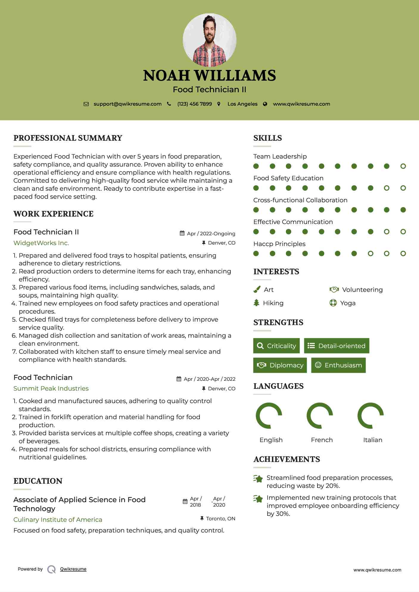 Food Technician II Resume Example