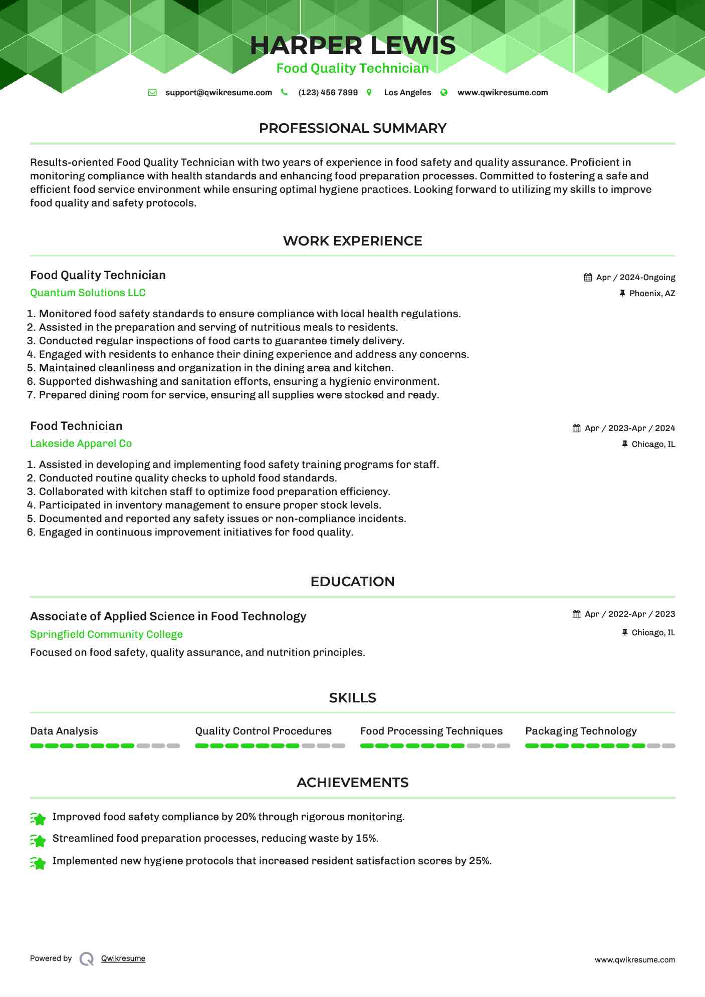 Food Quality Technician Resume Model