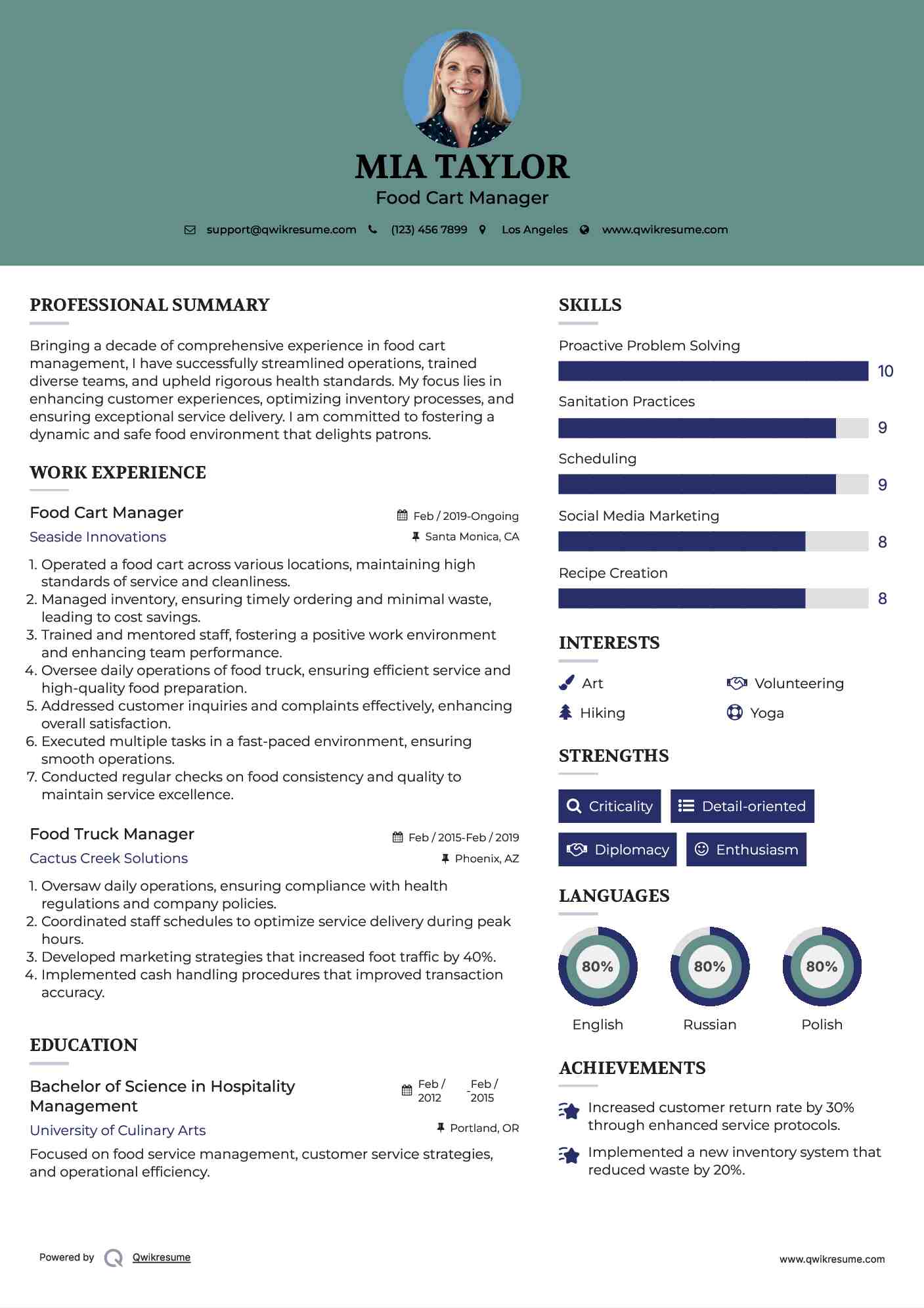 Food Cart Manager
 Resume Template