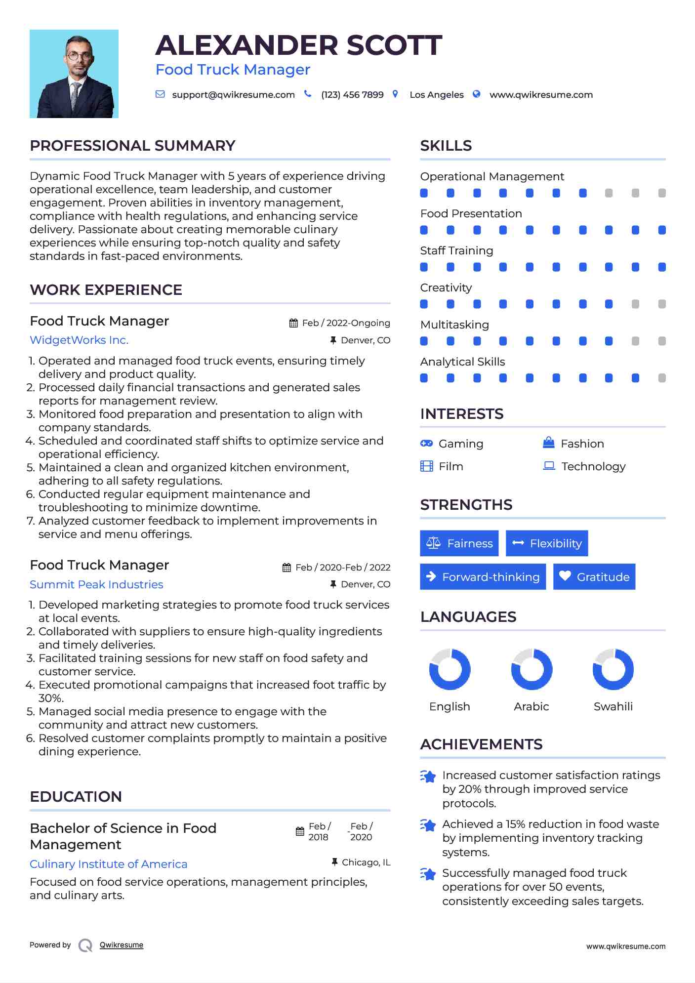 Food Truck Manager Resume Model