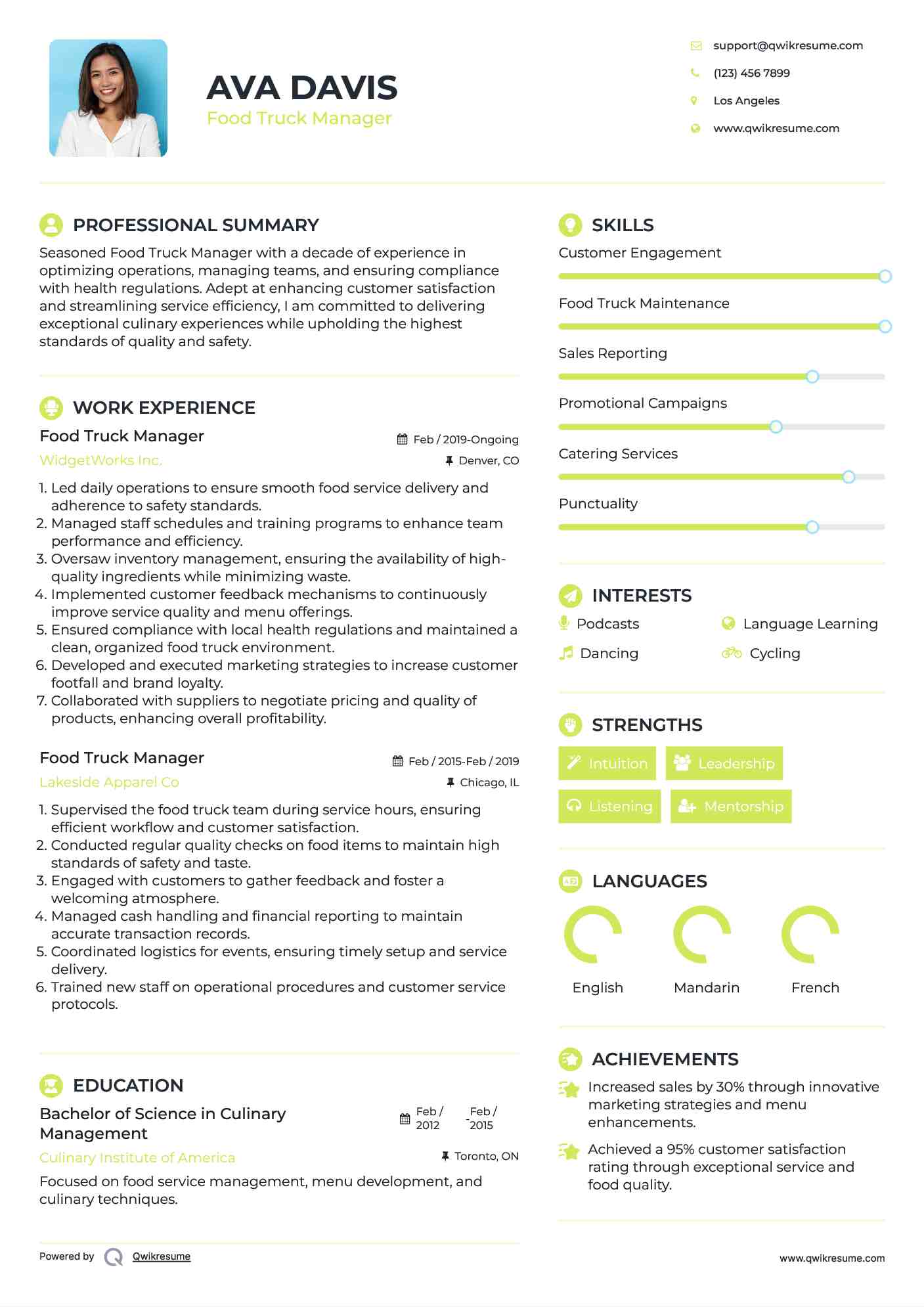Food Truck Manager Resume Template
