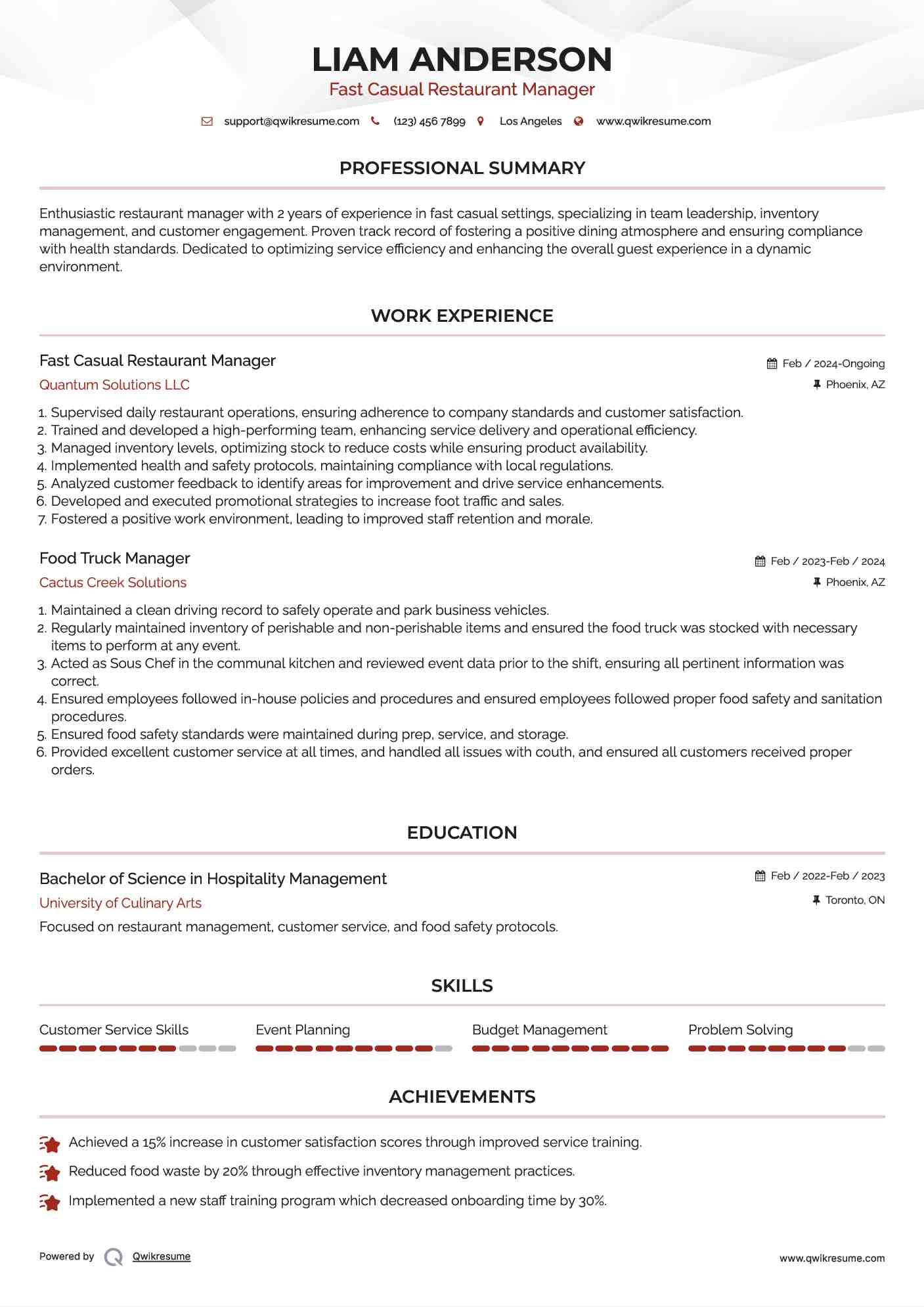 Fast Casual Restaurant Manager
 Resume Example