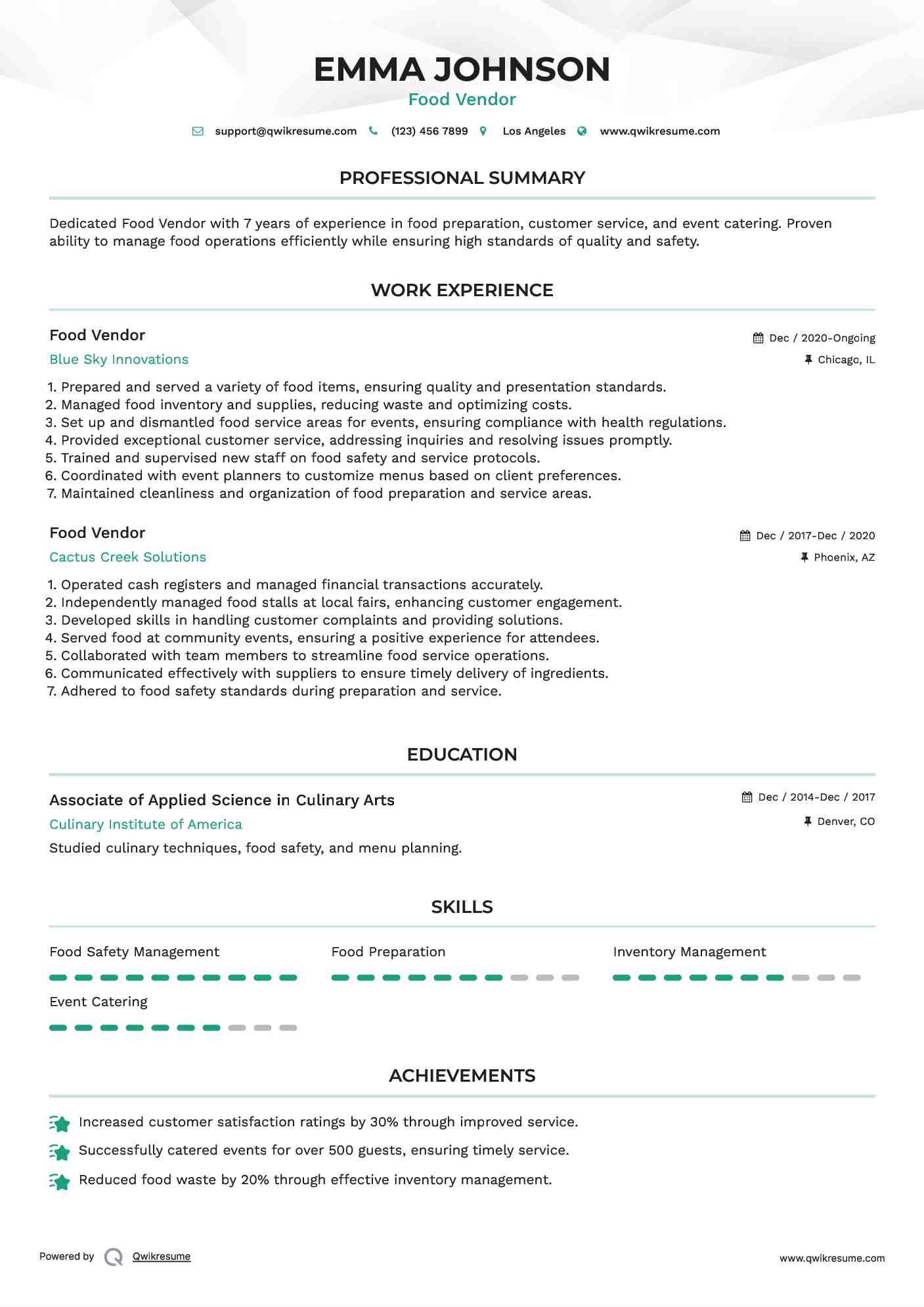 Food Vendor Resume Sample