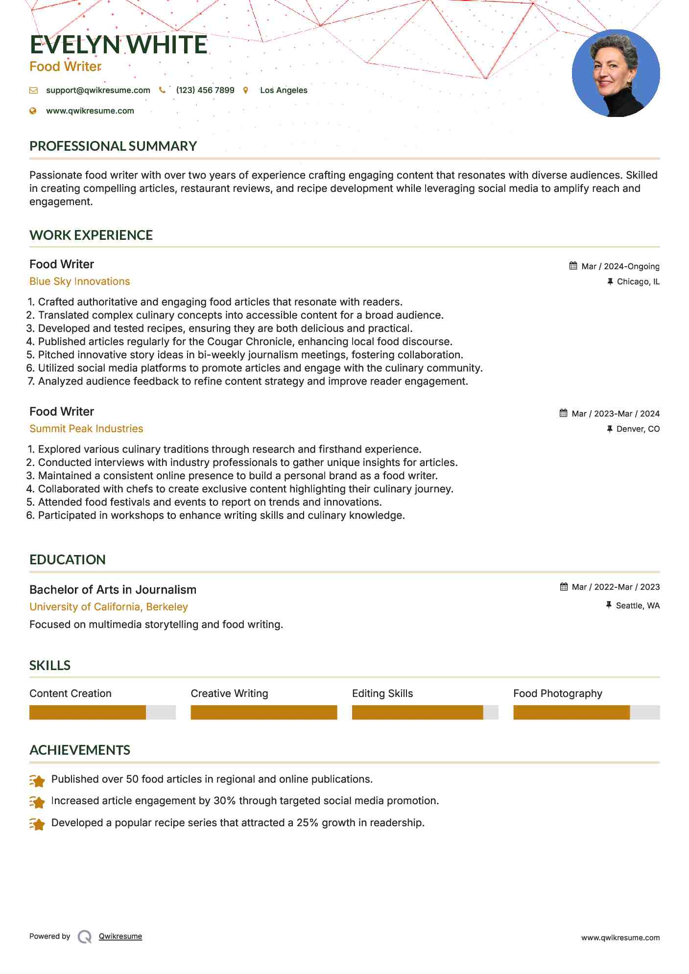 Food Writer Resume Sample
