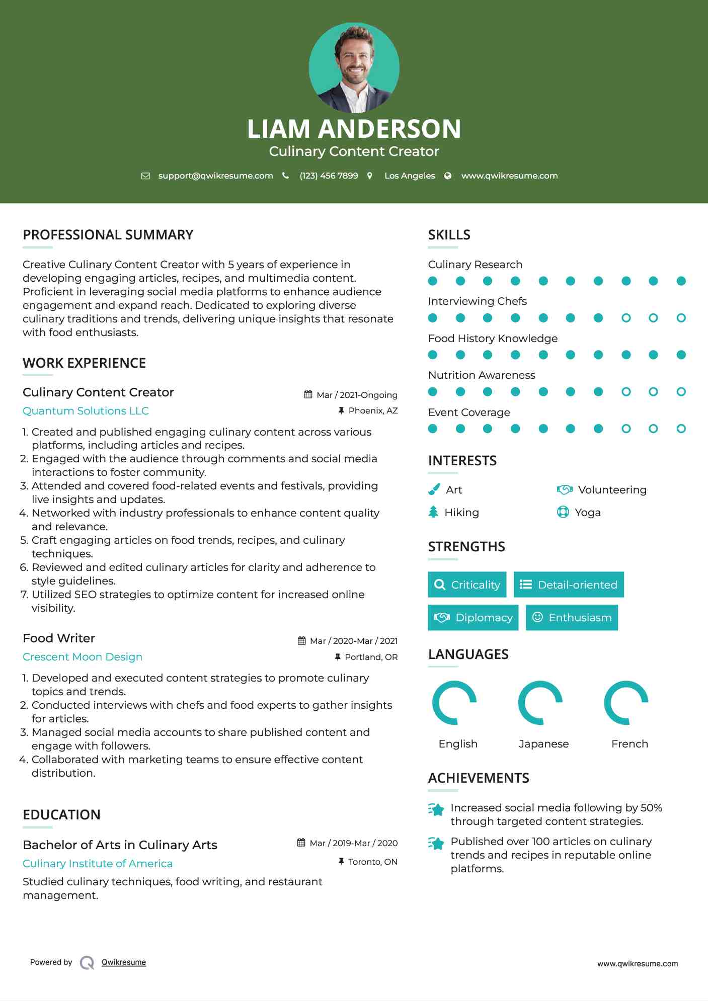 Culinary Content Creator Resume Format