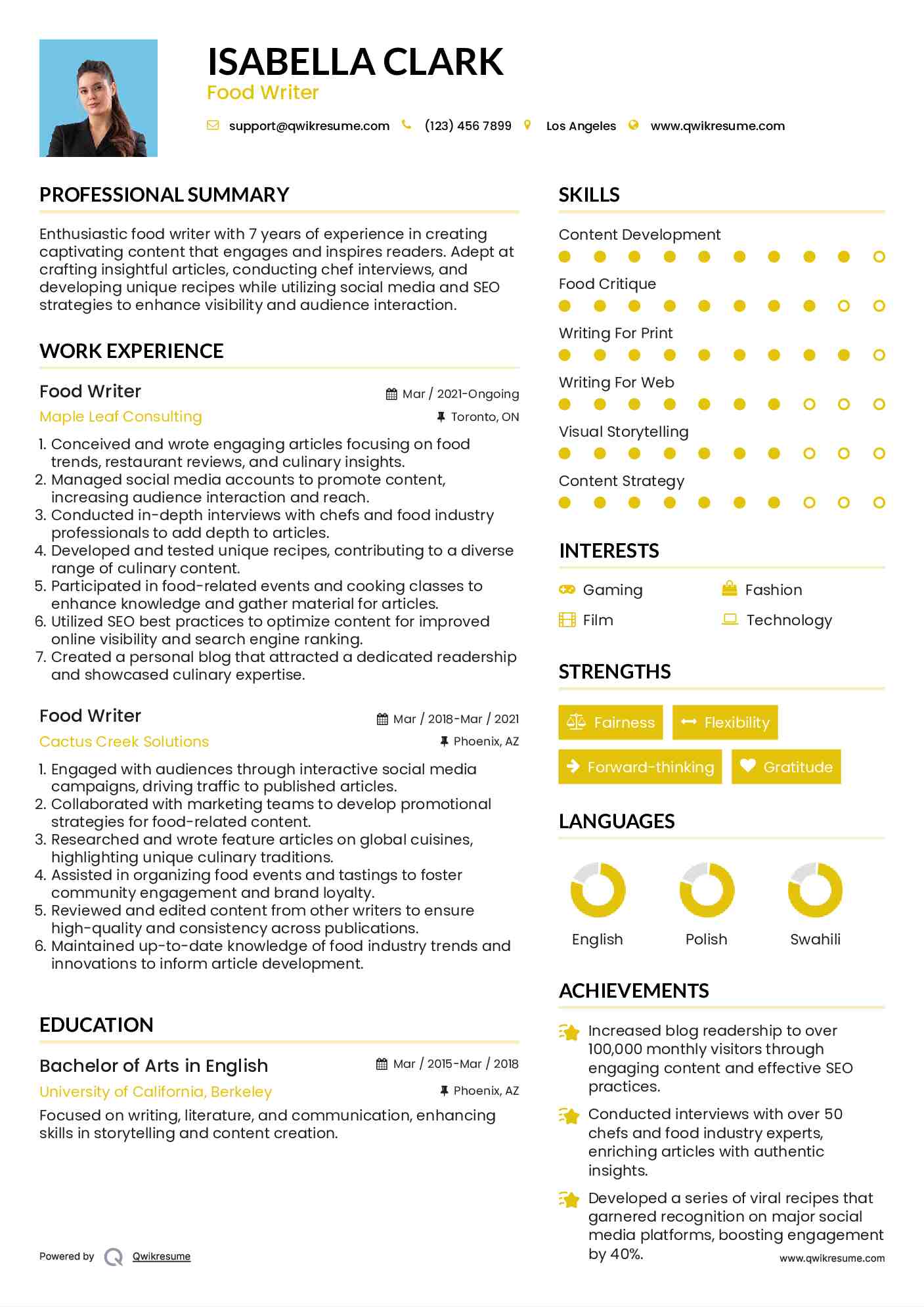 Food Writer Resume Template