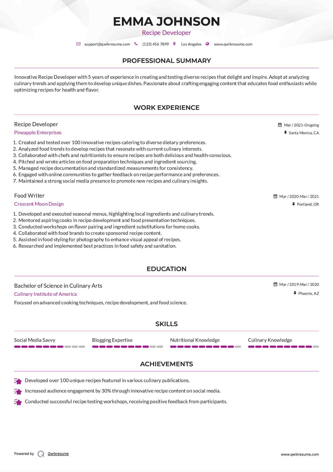 Recipe Developer Resume Format