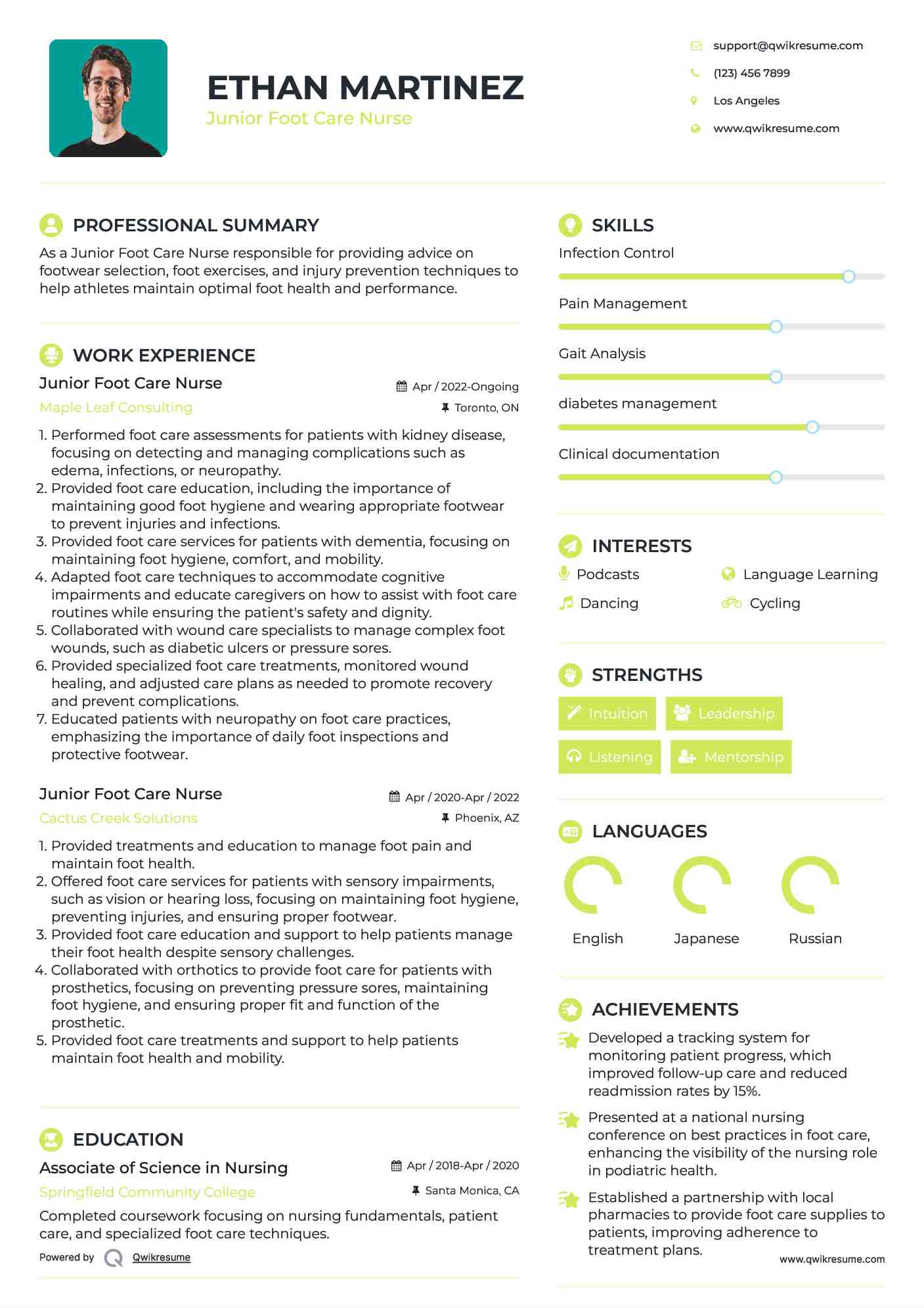 Junior Foot Care Nurse  Resume Format