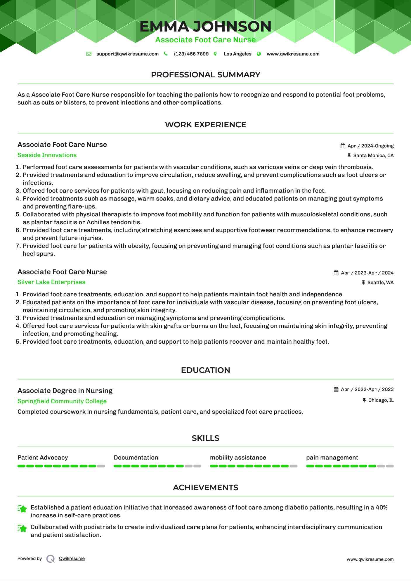 Associate Foot Care Nurse Resume Example