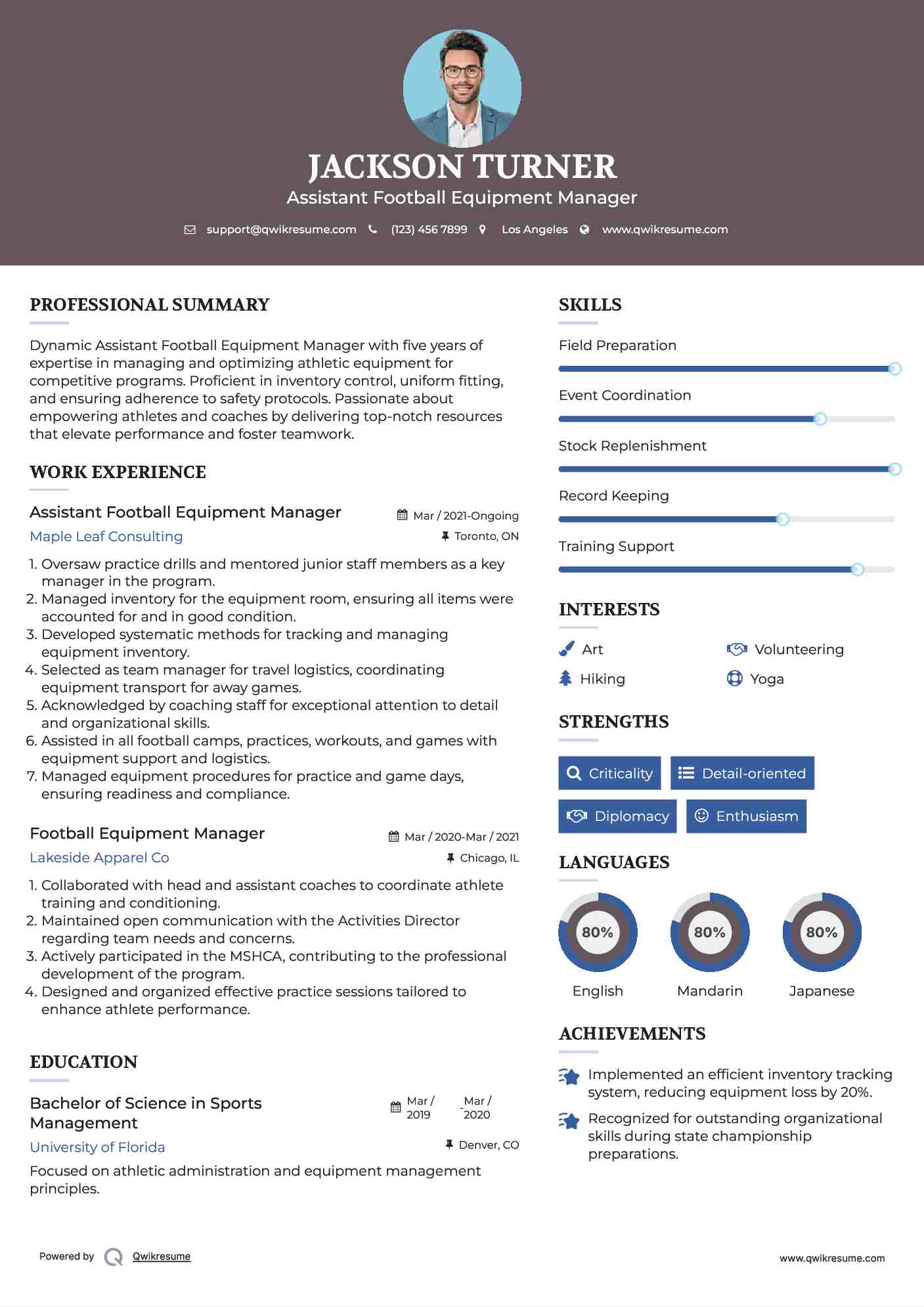 Football Equipment Manager Resume Samples QwikResume