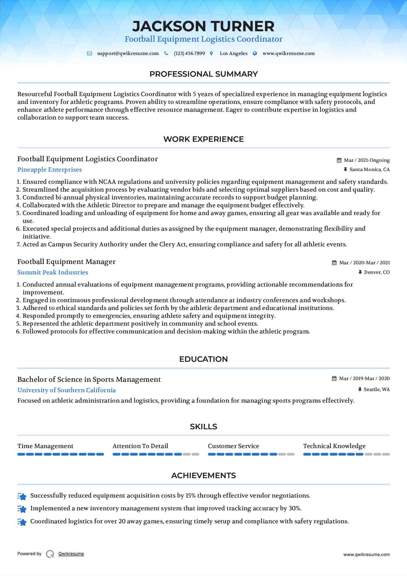 Football Equipment Logistics Coordinator Resume Example