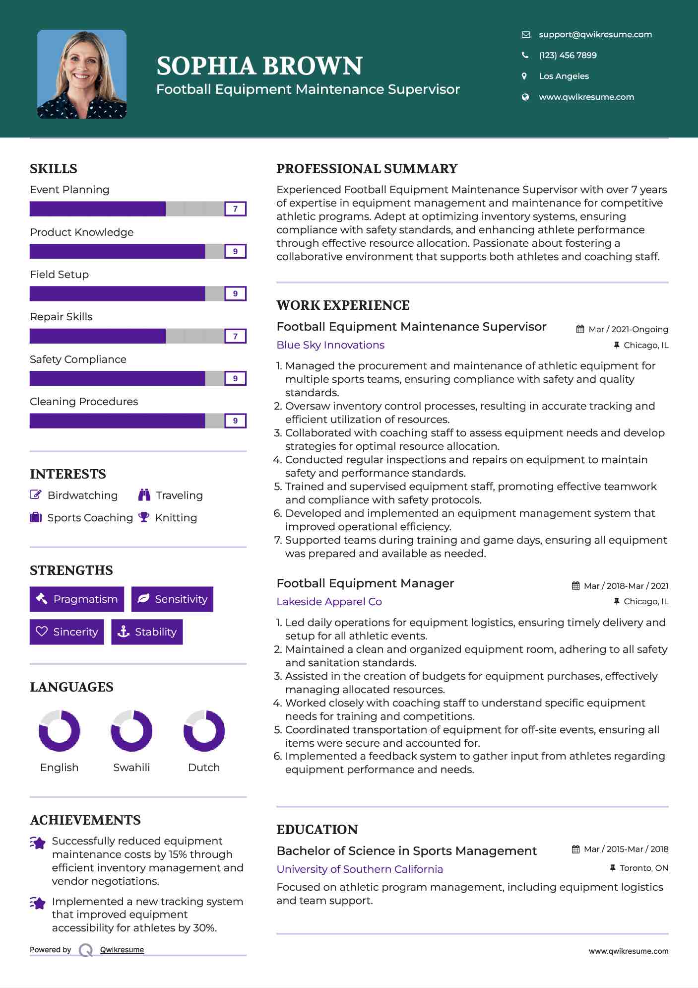 Football Equipment Maintenance Supervisor Resume Format