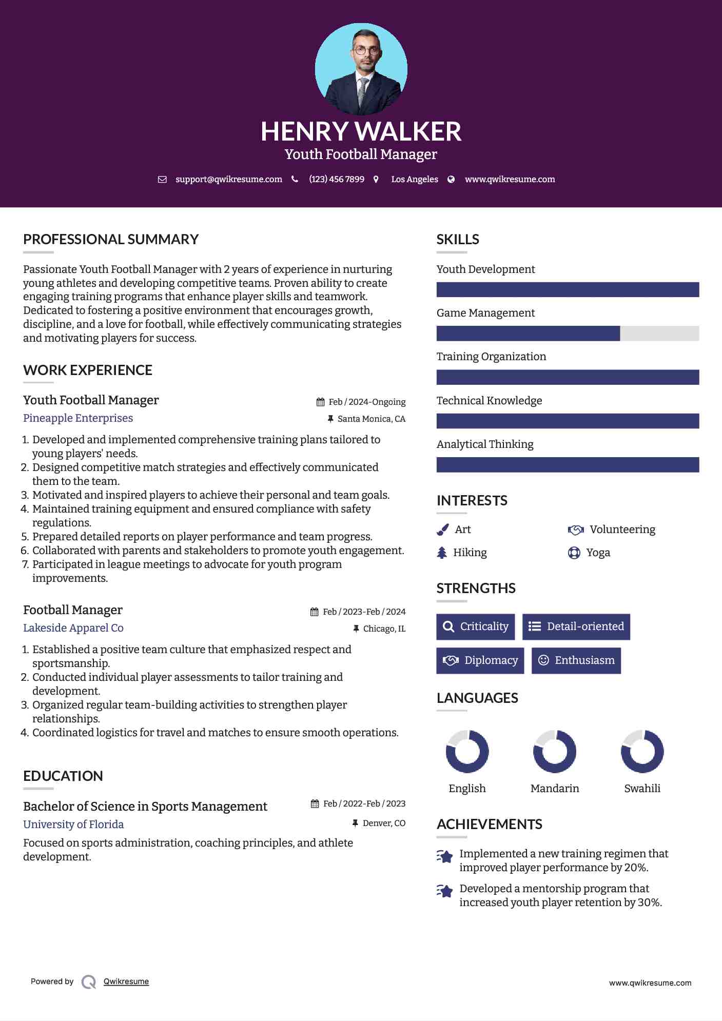 Youth Football Manager Resume Model