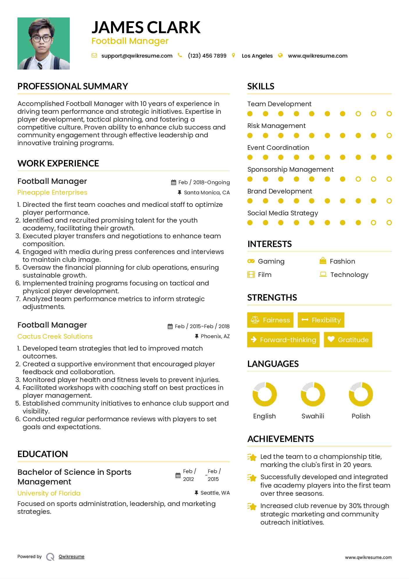 Football Manager Resume Samples QwikResume