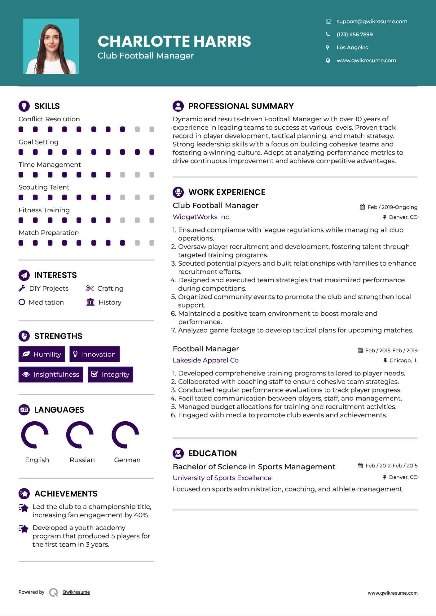 Club Football Manager Resume Model