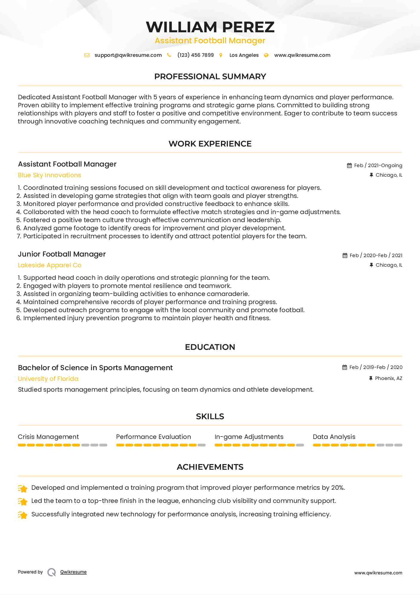 Football Manager Resume Samples QwikResume