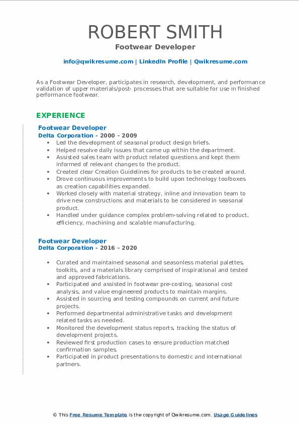 Footwear Developer Resume Samples QwikResume