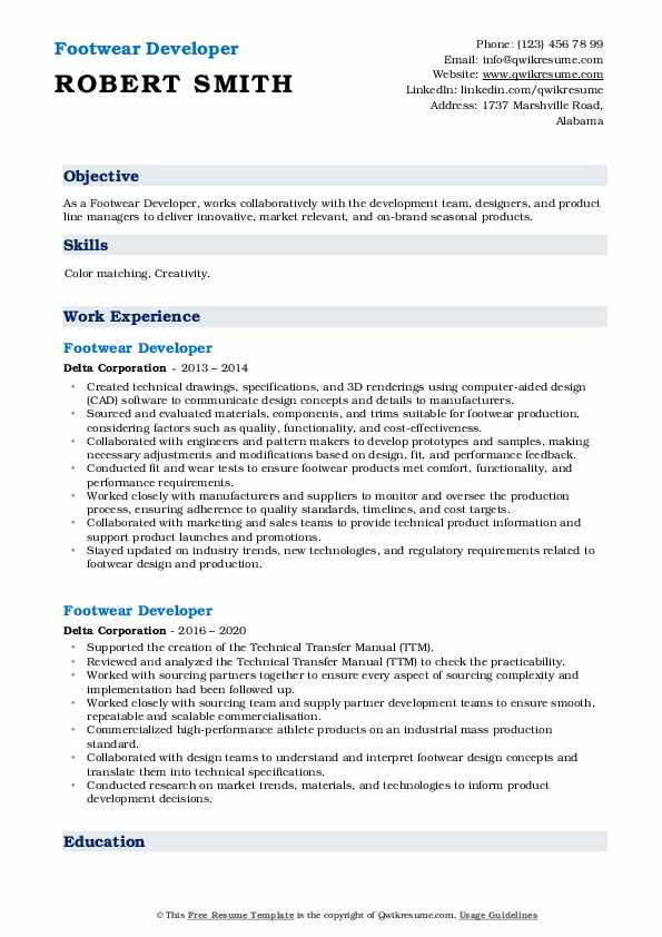 Footwear Developer Resume Samples QwikResume
