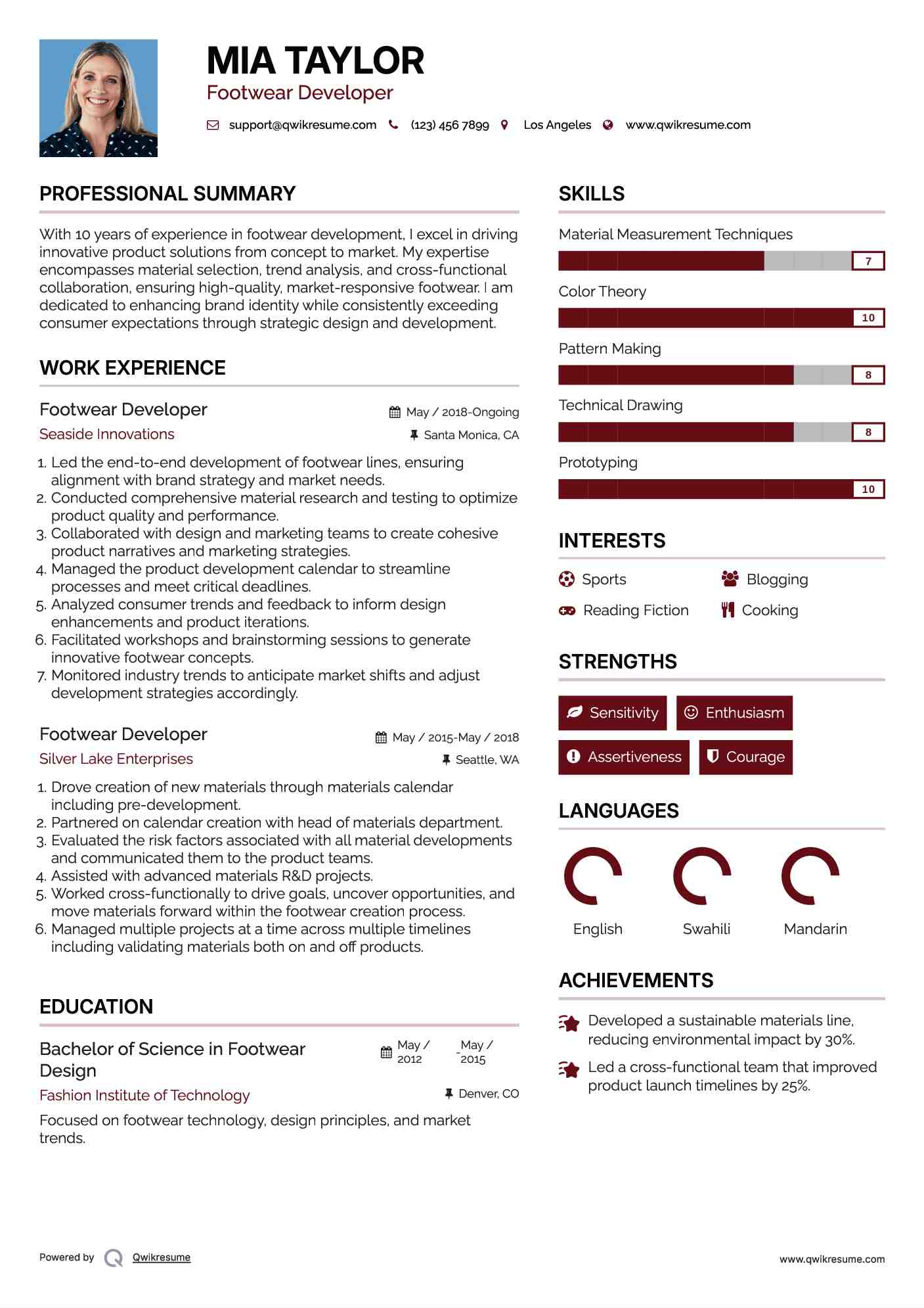 Footwear Developer Resume Model