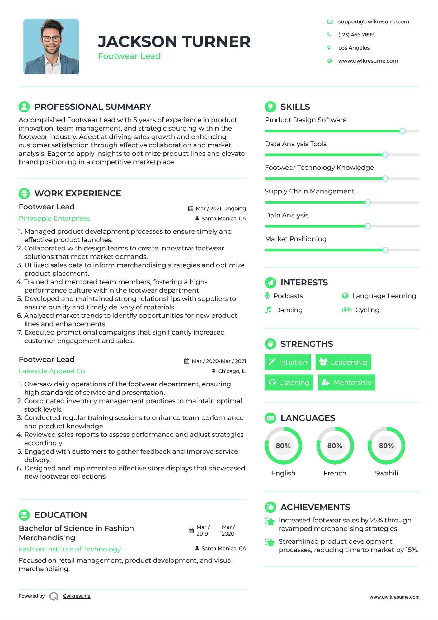 Footwear Lead Resume Format