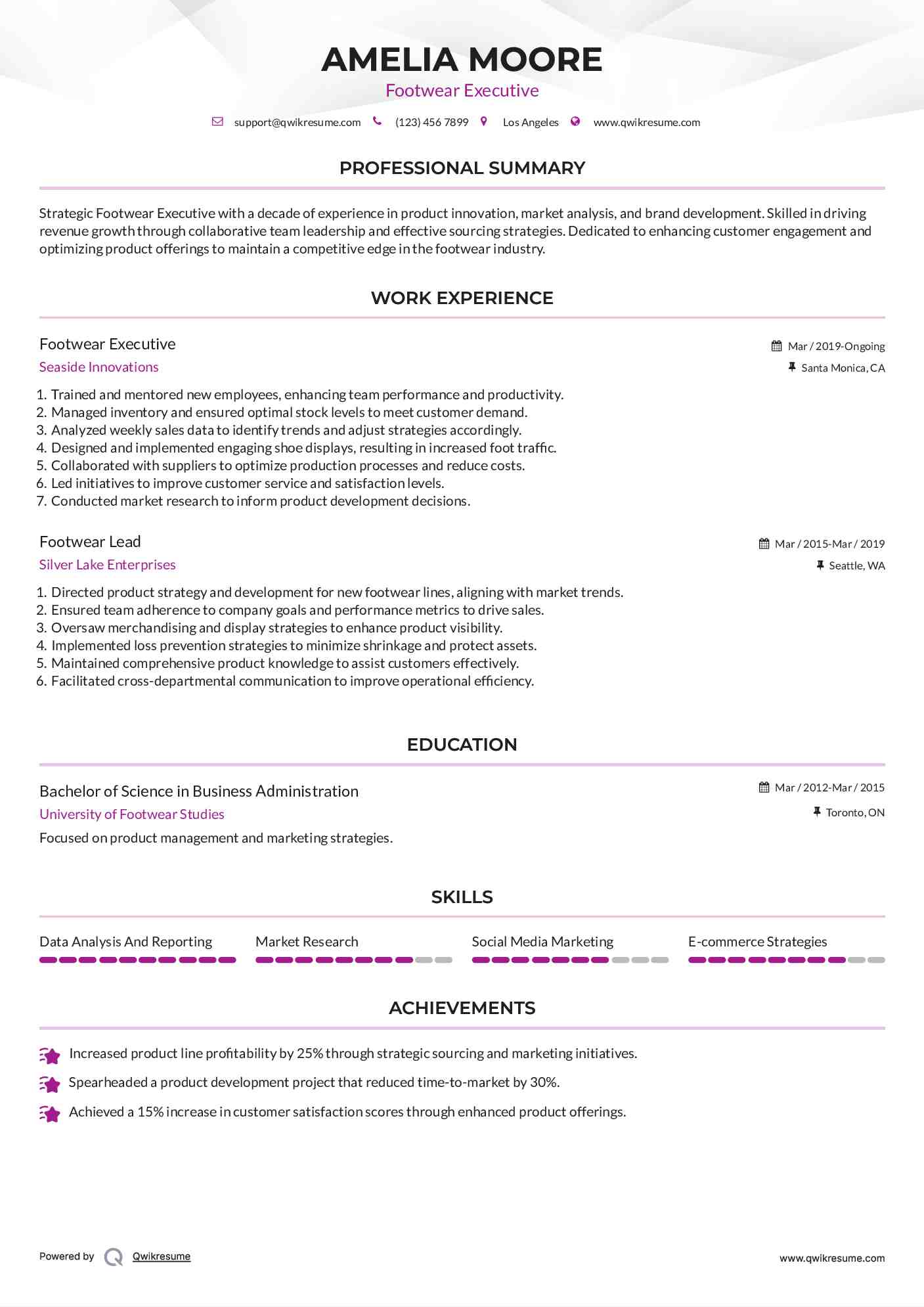 Footwear Executive Resume Model