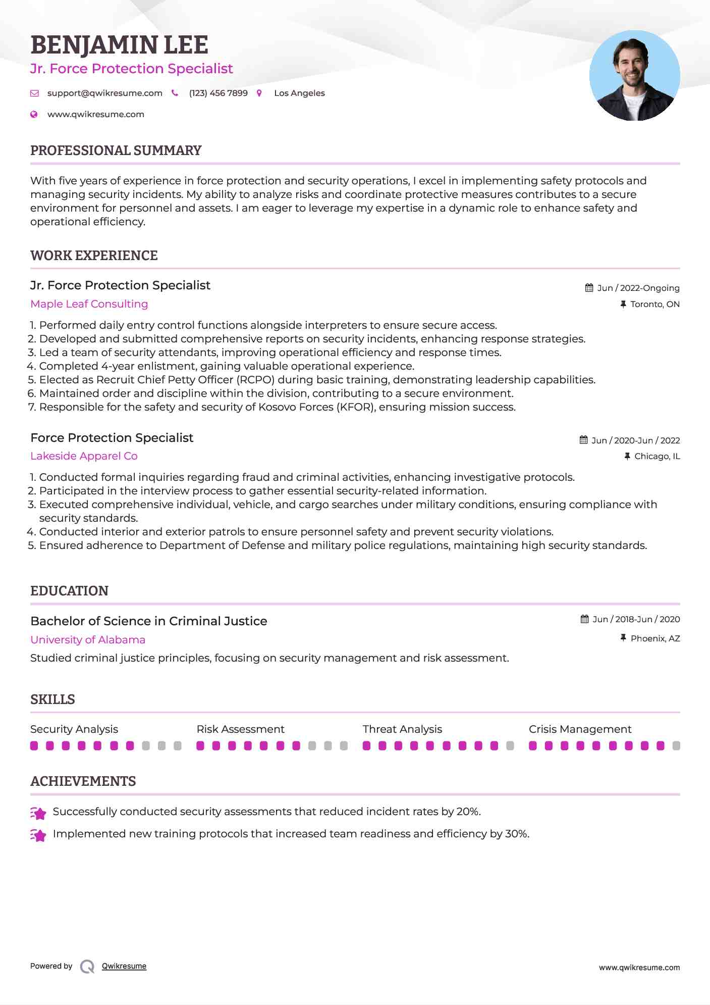 Jr. Force Protection Specialist Resume Template