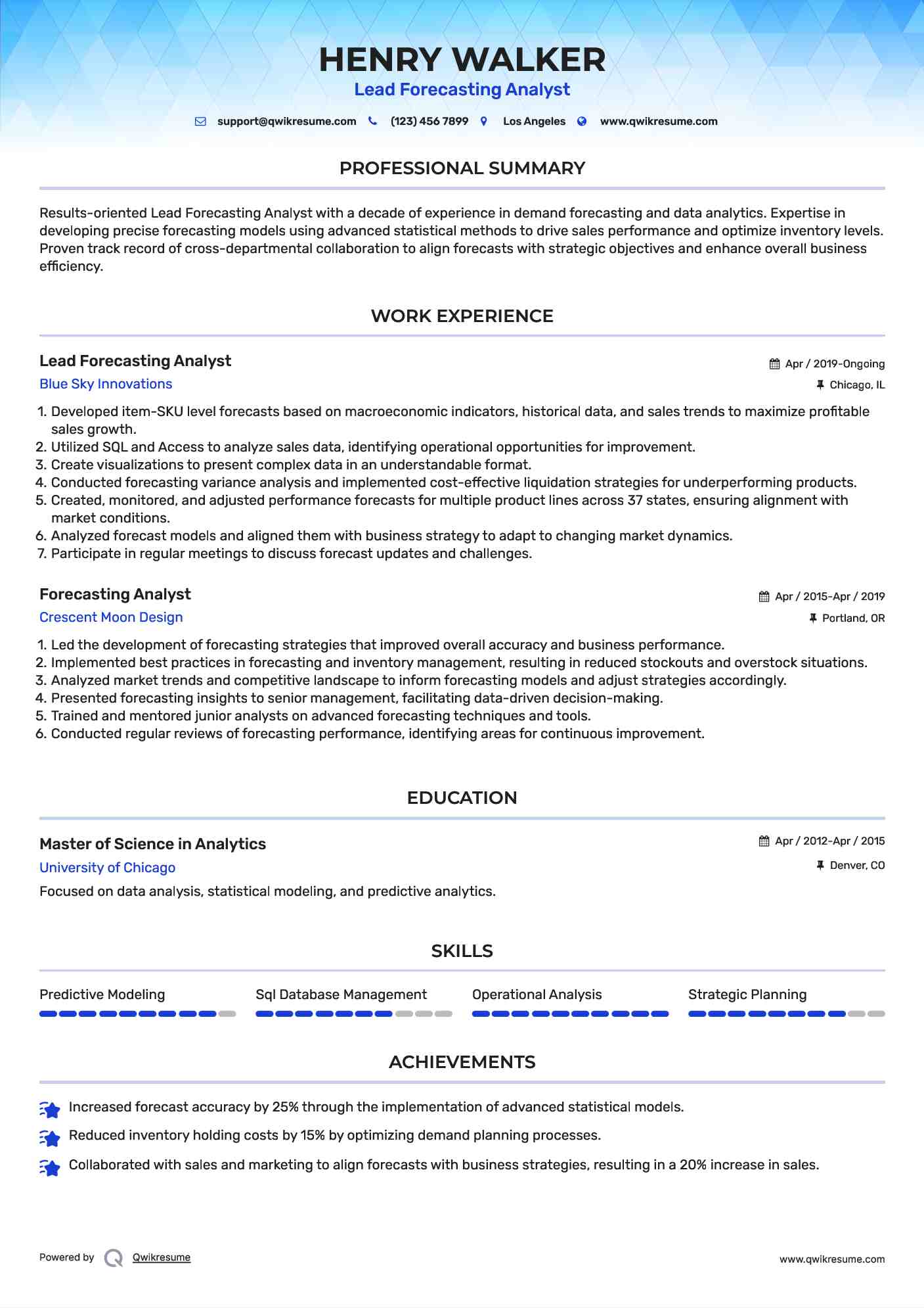 Lead Forecasting Analyst Resume Example