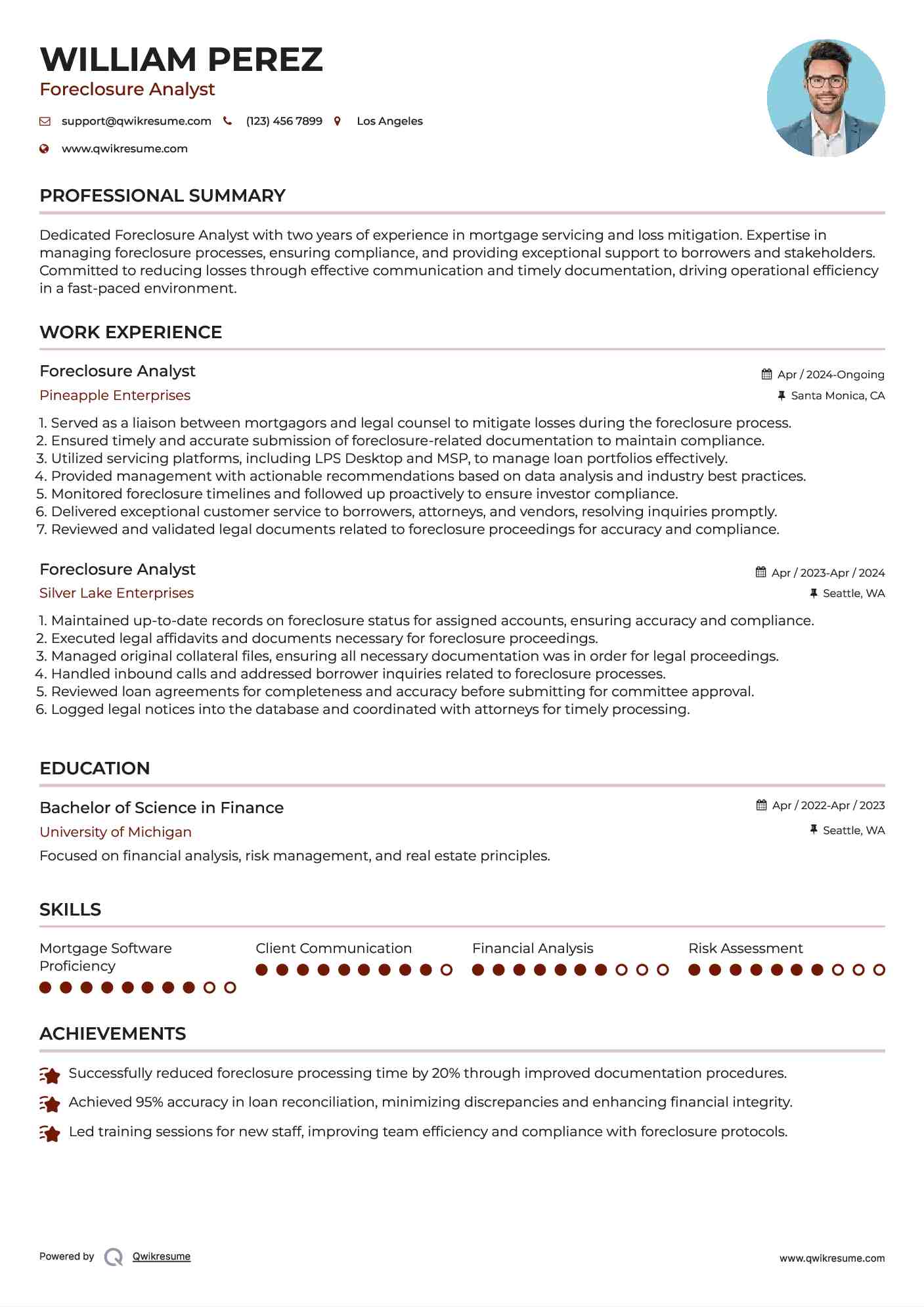 Foreclosure Analyst Resume Sample