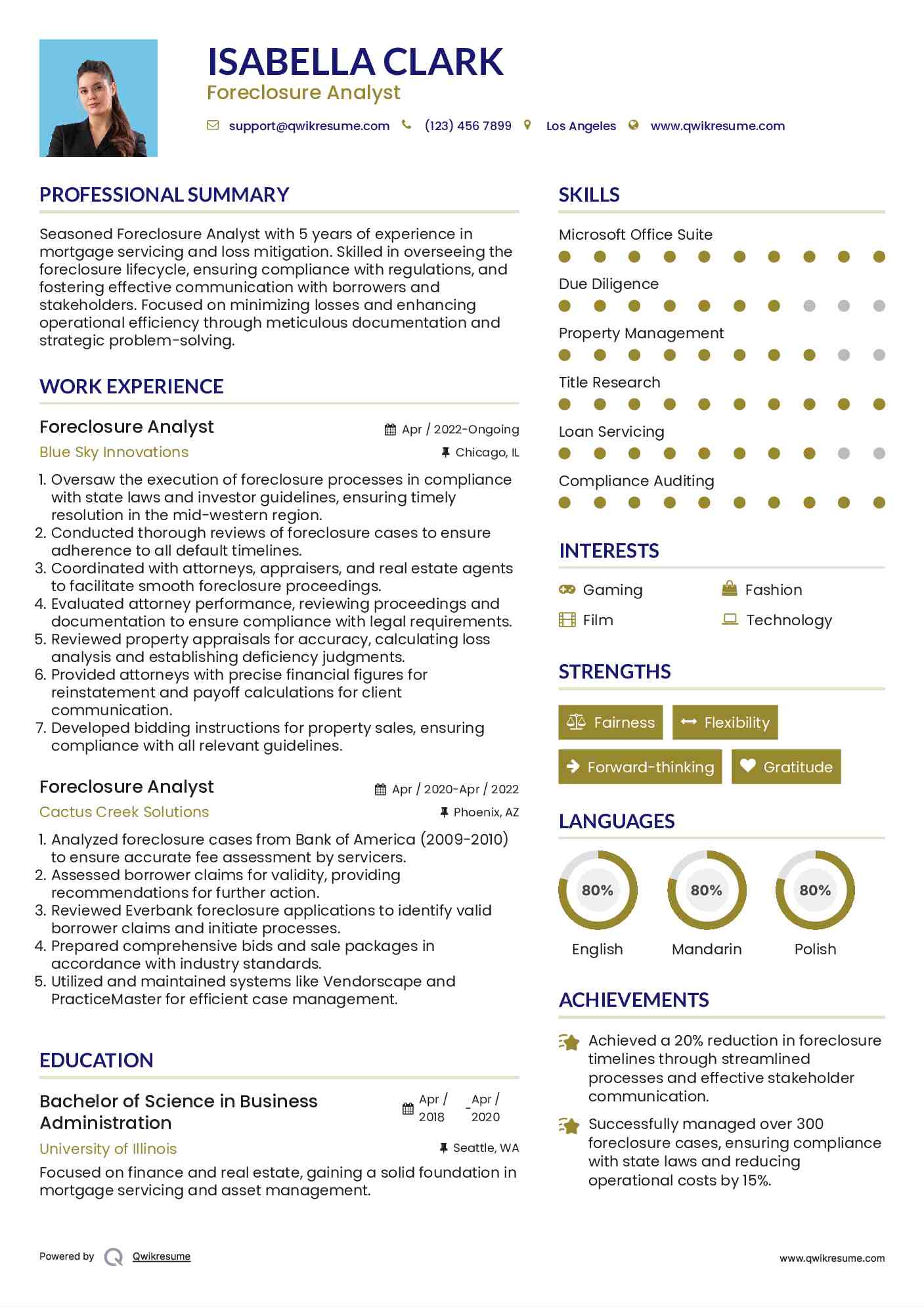Foreclosure Analyst Resume Sample