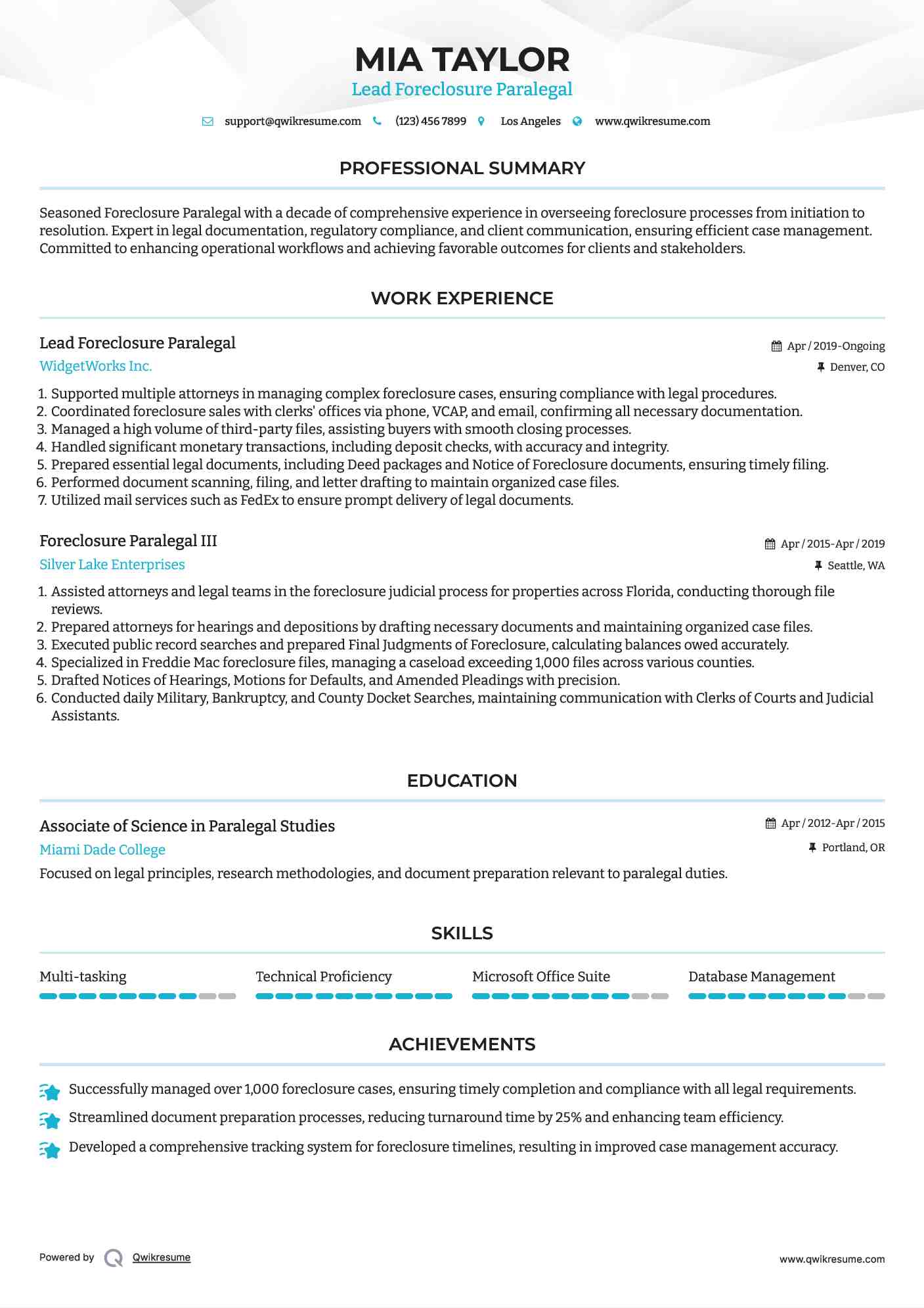 Lead Foreclosure Paralegal Resume Model