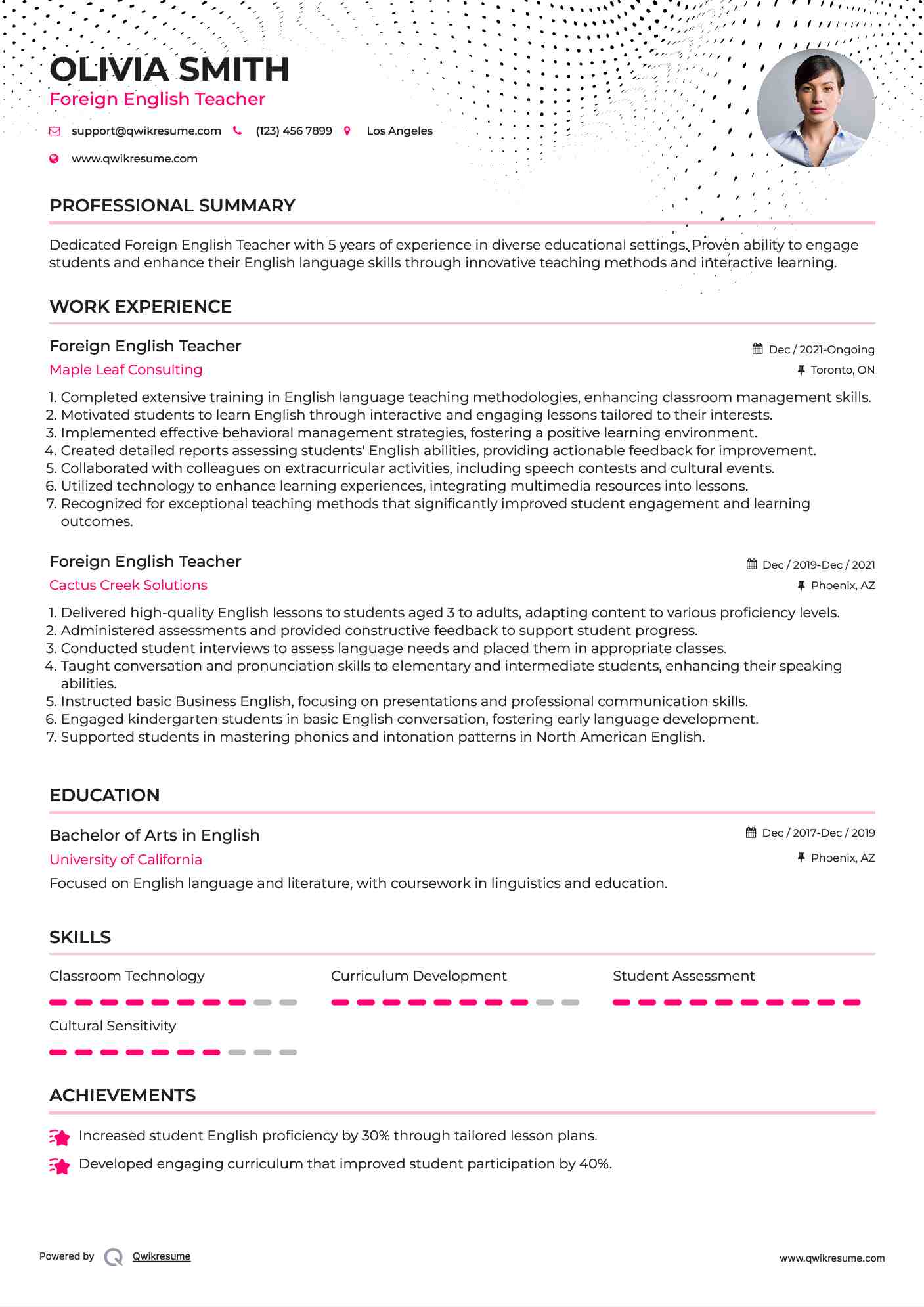 Foreign English Teacher Resume Sample
