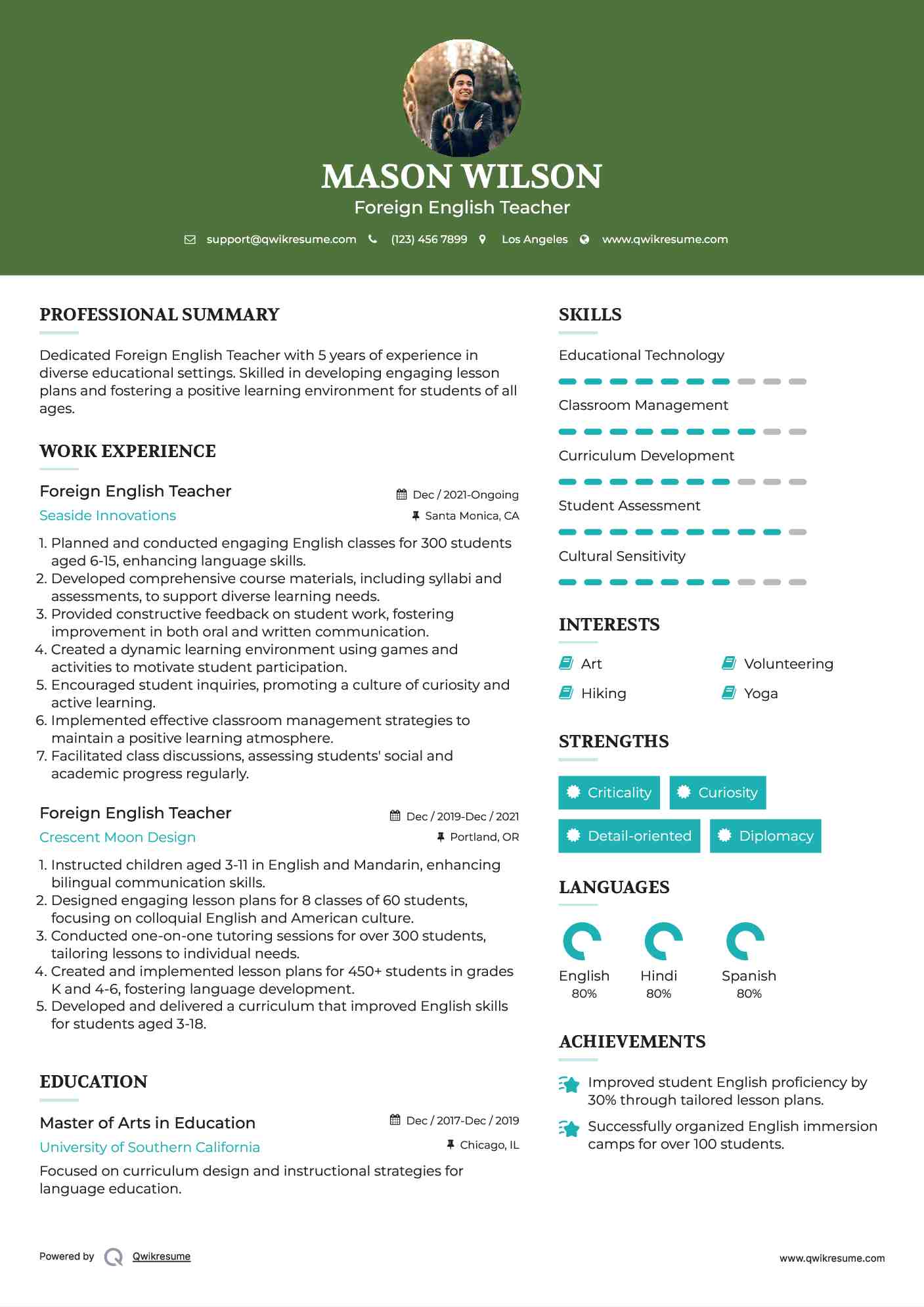 Foreign English Teacher Resume Example