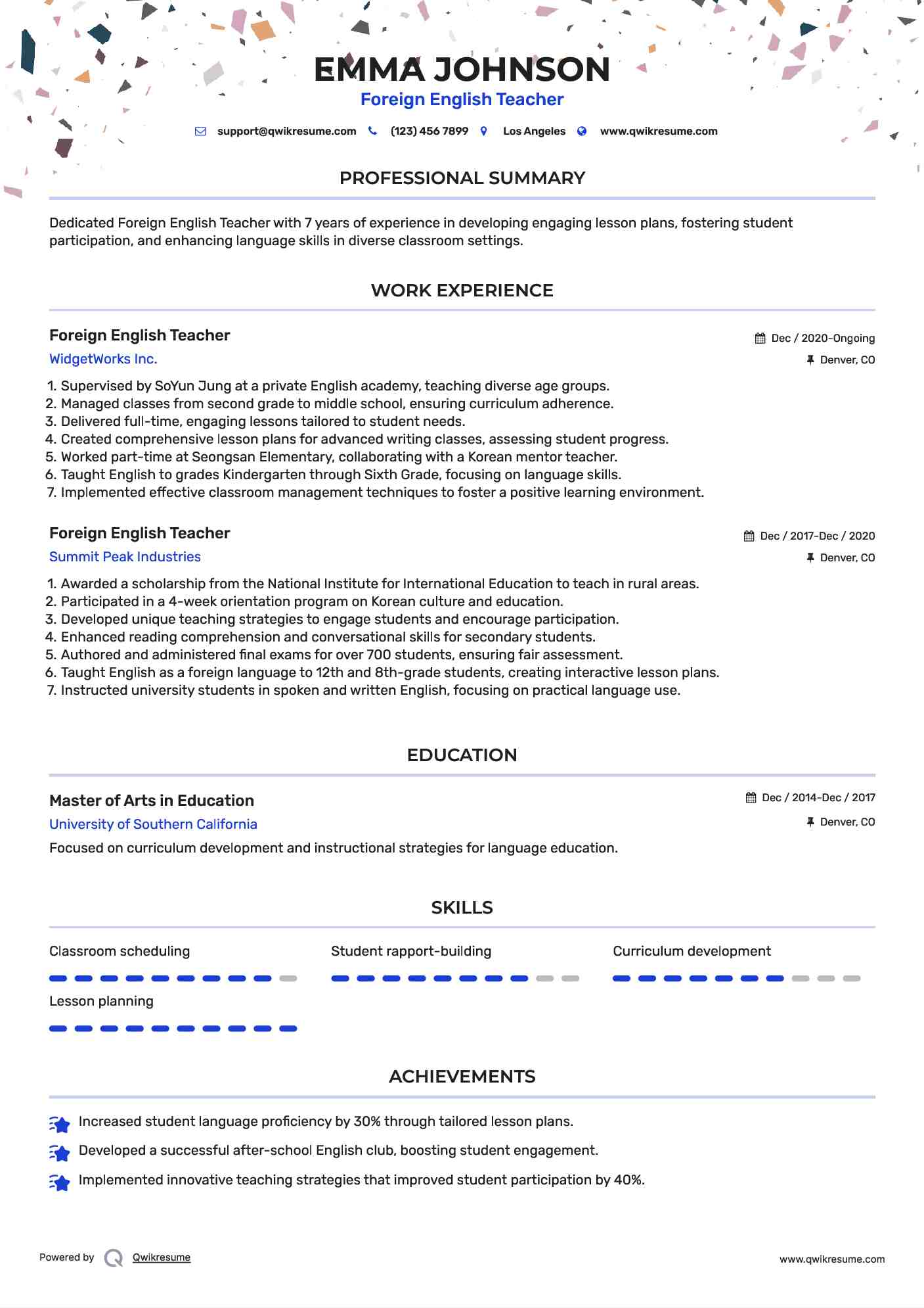 Foreign English Teacher Resume Example