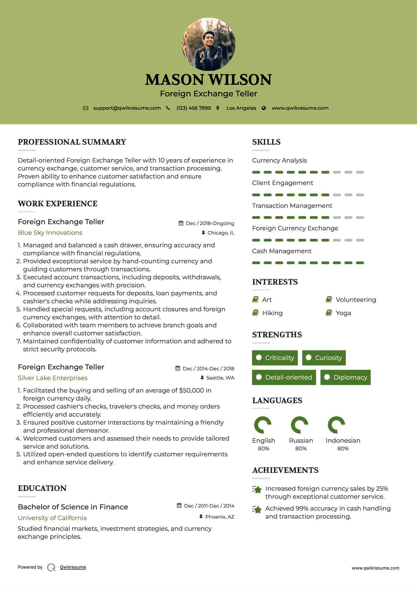 Foreign Exchange Teller Resume Sample