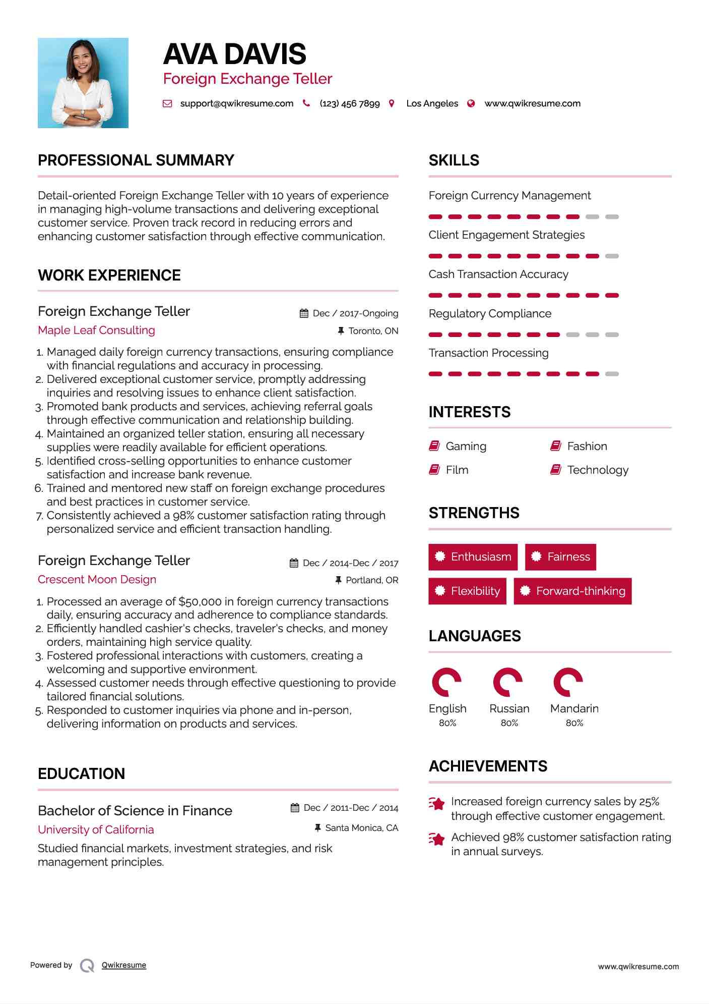 Foreign Exchange Teller Resume Sample