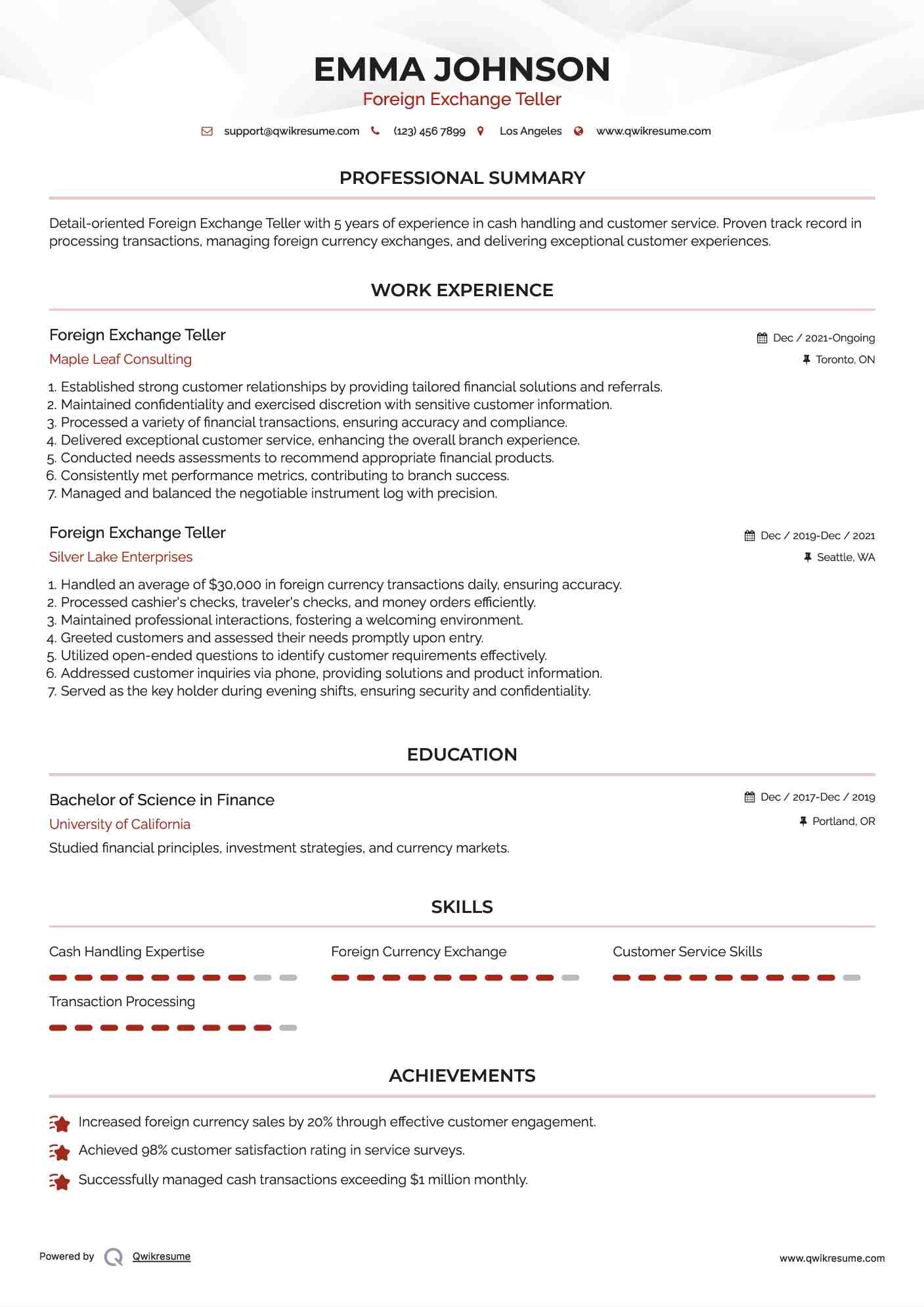 Foreign Exchange Teller Resume Model