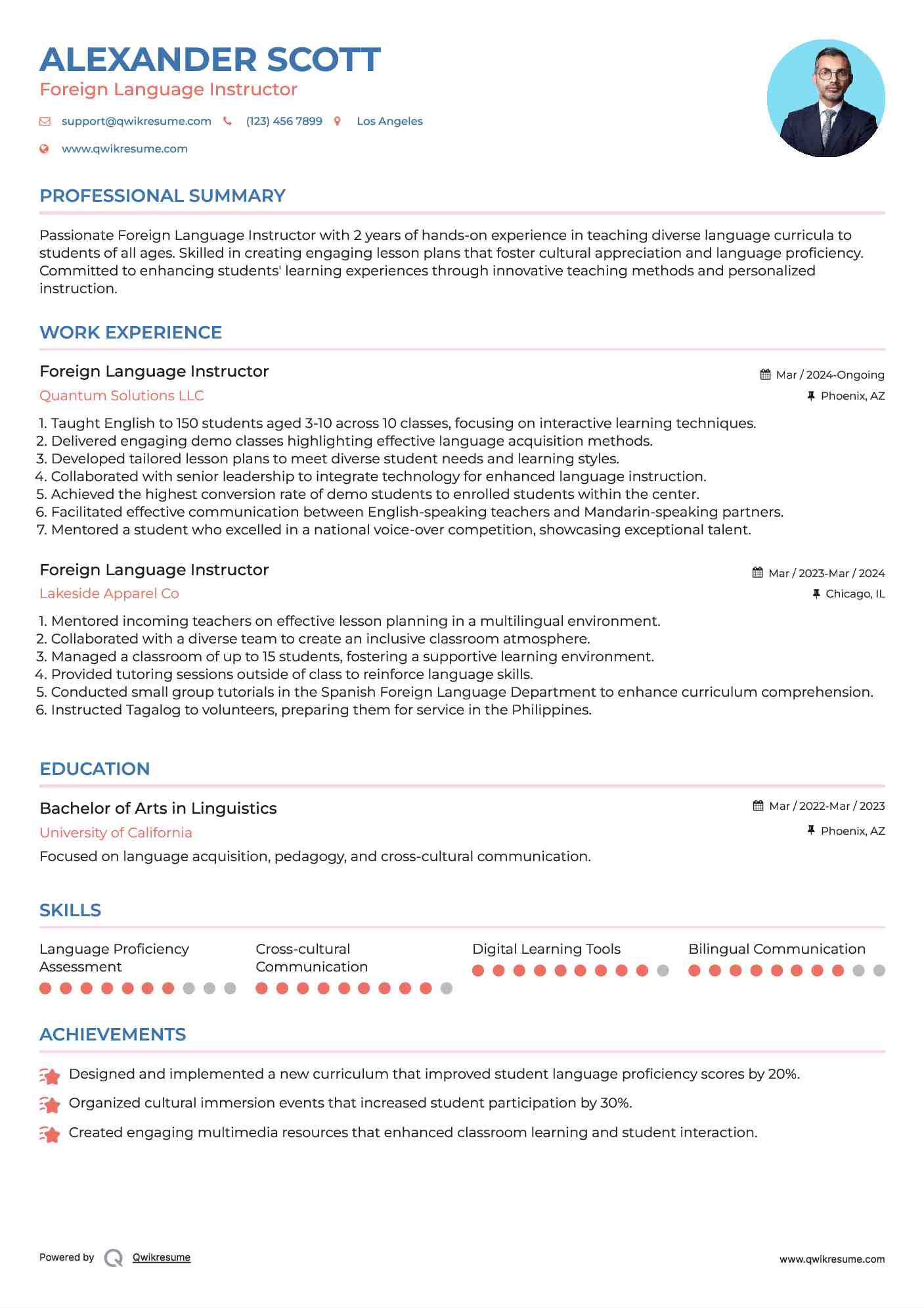 Foreign Language Instructor Resume Samples QwikResume