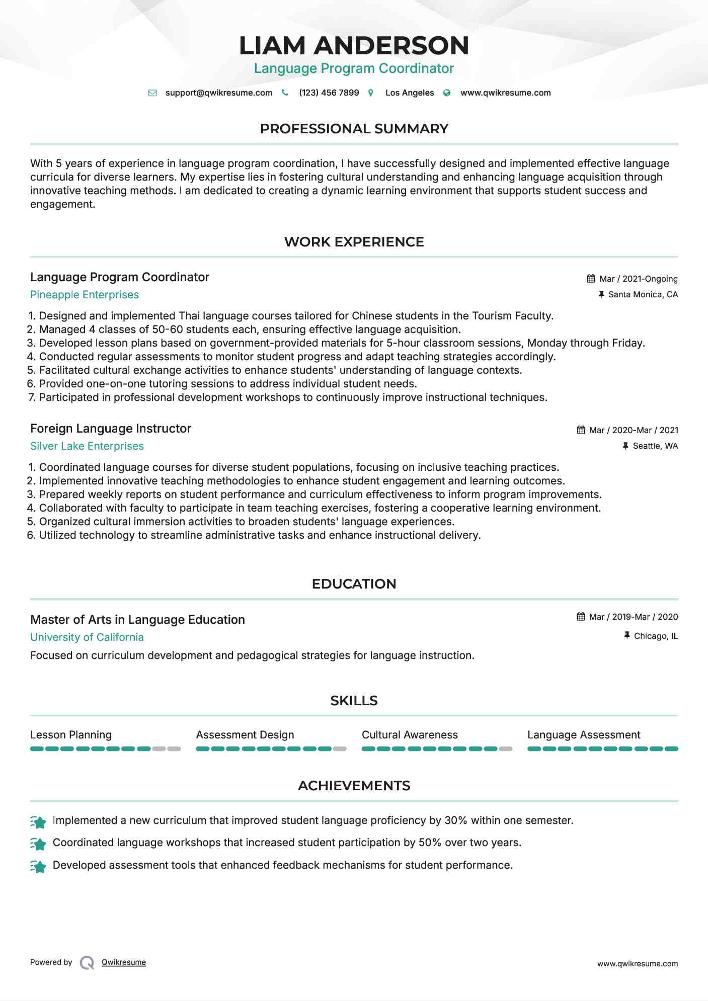Foreign Language Instructor Resume Samples QwikResume