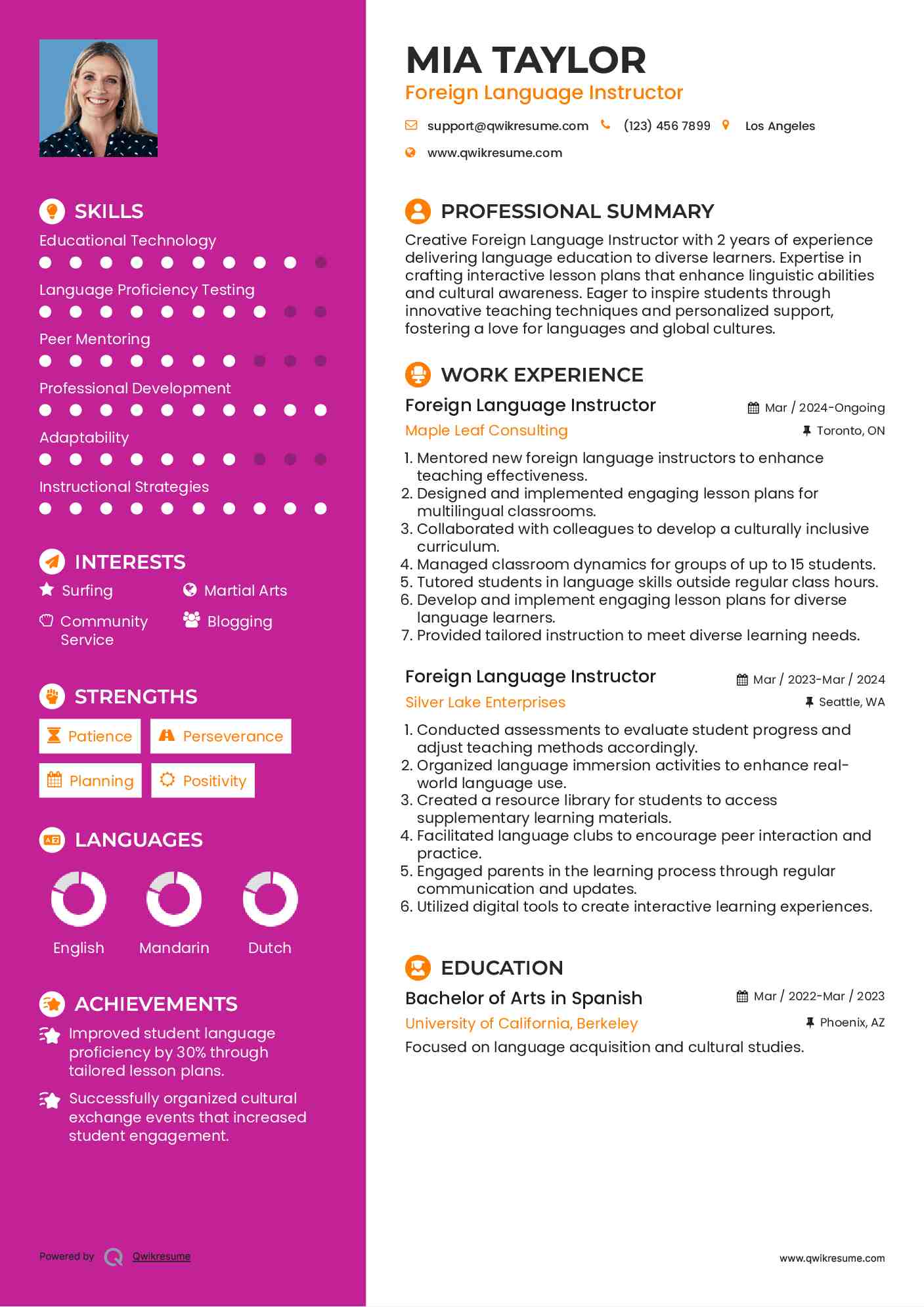 Foreign Language Instructor Resume Model