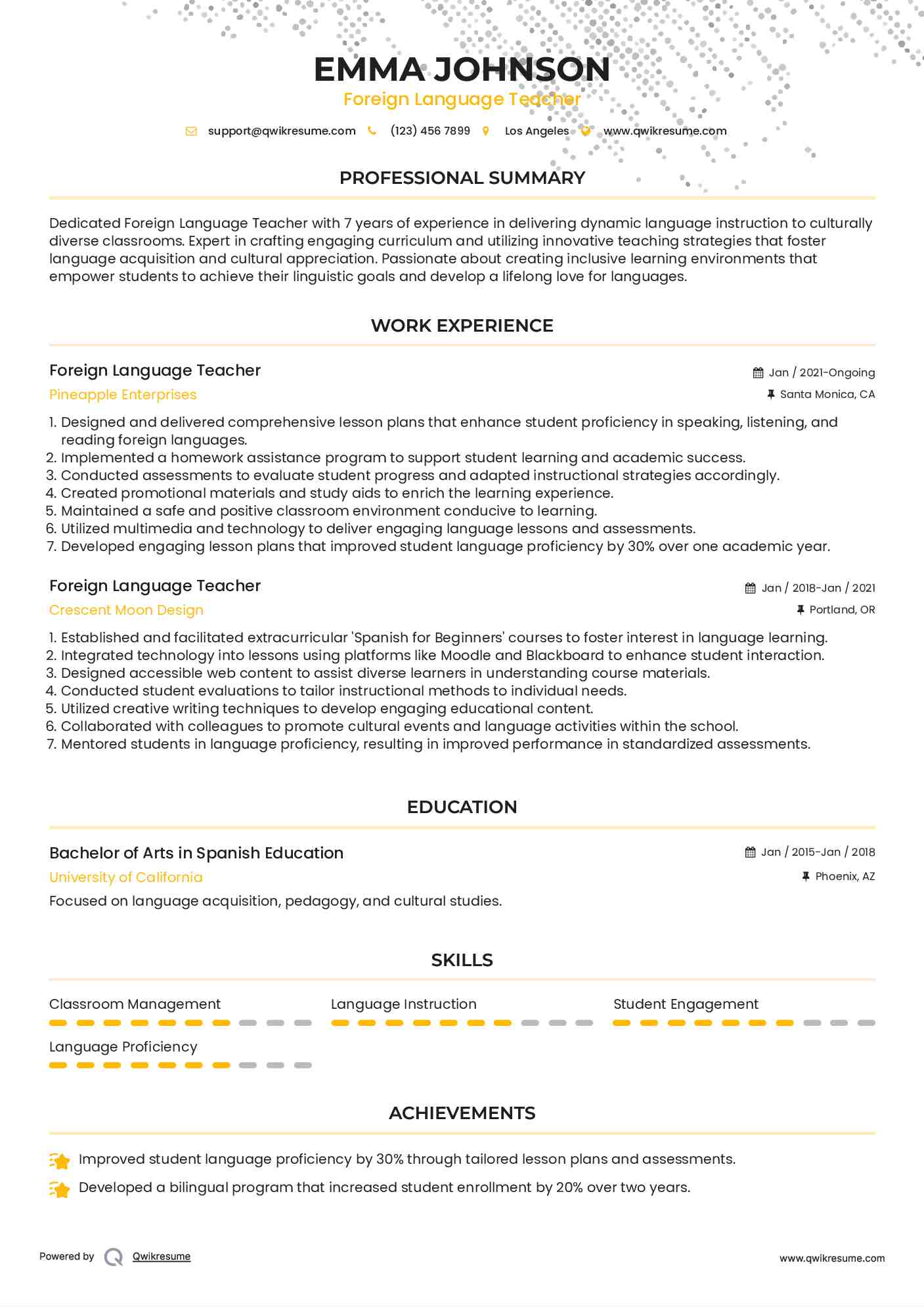 Foreign Language Teacher Resume Samples QwikResume